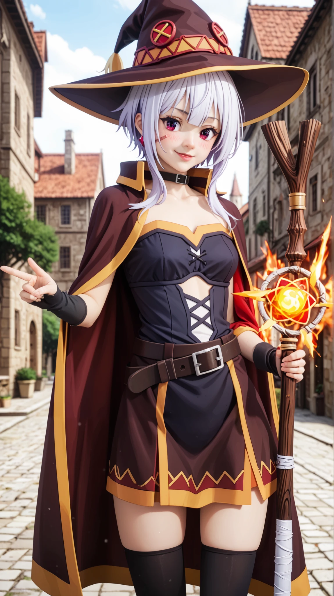 Puntuación 9, Puntuación 8, Puntuación 7. Chris from KonoSuba, Konsubáeris, Eris, short white hair, vibrant purple eyes, signature scar. She is wearing Megumin’s iconic crimson and black mage outfit, a wide-brimmed wizard hat with golden details, a red cloak flowing behind her, and thigh-high black stockings. She holds Megumin’s wooden staff with a glowing red jewel at the tip, striking a dramatic pose as if about to cast an explosion spell. Her expression is confident and playful, slightly blushing. The background features a fantasy town with medieval architecture, or an intense magical glow surrounding her, emphasizing the spell-casting effect. High-quality anime style, cel-shading, warm lighting, fantasy adventure aesthetic --ar 16:9 --v 6 --style raw --q 2 --stylize 250