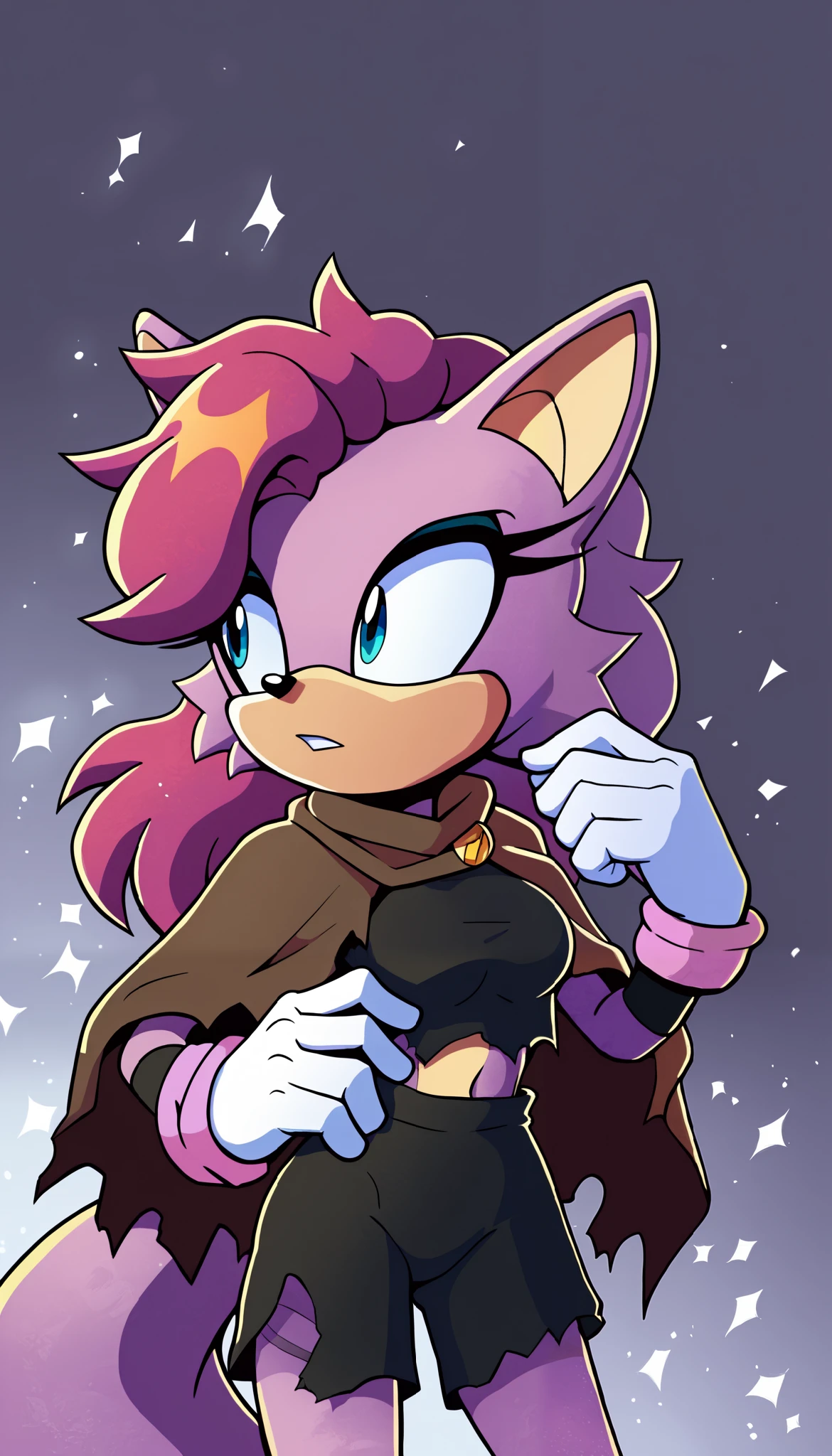 masterpiece, best quality, 1girl, anthro, furry, Mobian, fur, fluffy fur, (pinkish lavender colored fur), wolf girl, furry, wolf ears, fluffy ears, animal nose, cute eyes, light blue eyes, (fluffy wolf tail), big tail, messy hair, (long hair), magenta highlights, gradient hair, solo, (simple background), detailed, black top, worn out/torn brown cloak, sleeveless, black arm warmers, white gloves with magenta colored cuffs, black yoga shorts, keeps to herself, head tilt, ager (18 years), medium , looking to the side, light particles, score_9, score_8_up, score_7_up, score_6_up, score_5_up, score_4_up, evnstnly, Even Stanley art style, Sonic OC, Sonic fan character, Sonic the Hedgehog series, (2D), quiet girl, anti social personality, future ruins