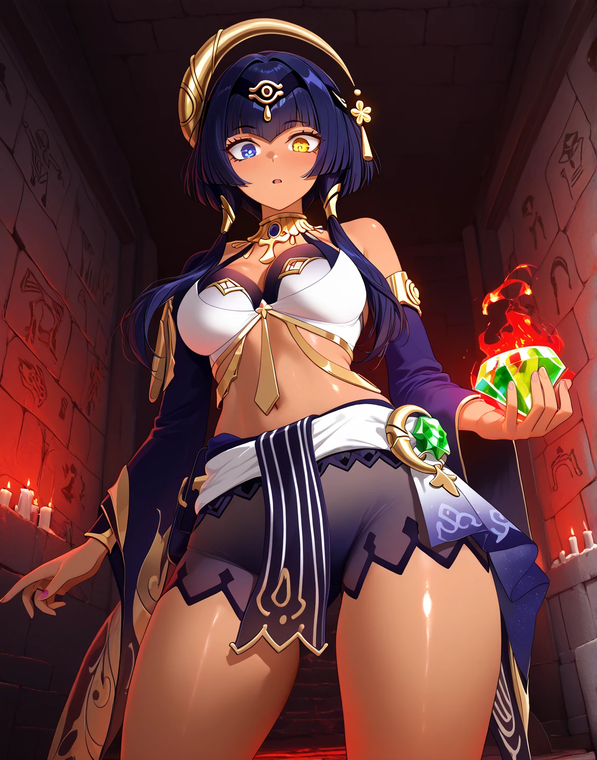 (masterpiece) ,best quality,amazing quality,very aesthetic,absurdres,newest, candace (genshin), big breasts, 1girl, Egyptian pyramid walls, juicy thighs,dark skin, bangs, blue hair, heterochromia, yellow eyes, blue eyes, sidelocks, surprised face, underground massive Egyptian room, hieroglyphics on walls, fire torches on the wall, indoors, pillar, candle, underground catatombs, bones, stone, tomb, chaos emerald, holding, gem, holding gem, curious expression, ((((glowing red chaos emerald)))), Candace is holding the glowing chaos emerald