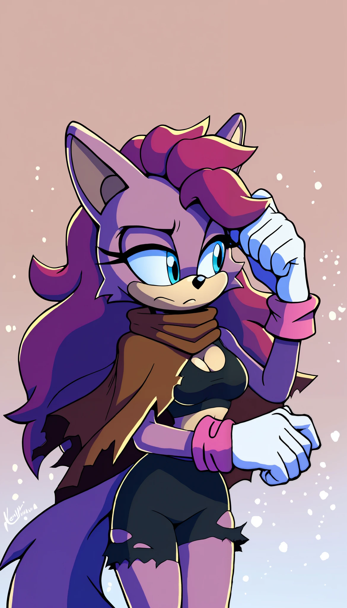 masterpiece, best quality, 1girl, anthro, furry, Mobian, fur, fluffy fur, (pinkish lavender colored fur), wolf girl, furry, wolf ears, fluffy ears, animal nose, cute eyes, light blue eyes, (fluffy wolf tail), big tail, messy hair, (long hair), magenta highlights, gradient hair, solo, (simple background), detailed, black top, worn out/torn brown cloak, sleeveless, black arm warmers, white gloves with magenta colored cuffs, black yoga shorts, keeps to herself, head tilt, ager (18 years), medium breast, looking to the side, light particles, score_9, score_8_up, score_7_up, score_6_up, score_5_up, score_4_up, evnstnly, Even Stanley art style, Sonic OC, Sonic fan character, Sonic the Hedgehog series, (2D), quiet girl, anti social personality, future ruins