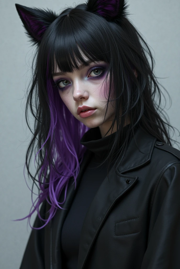 rude gaban lady of long straight black hair with purple highlights, wearing a small 30s ferdora, lavender eyes, cool leater black jacket, black gothic punk makeup, 80s outfit