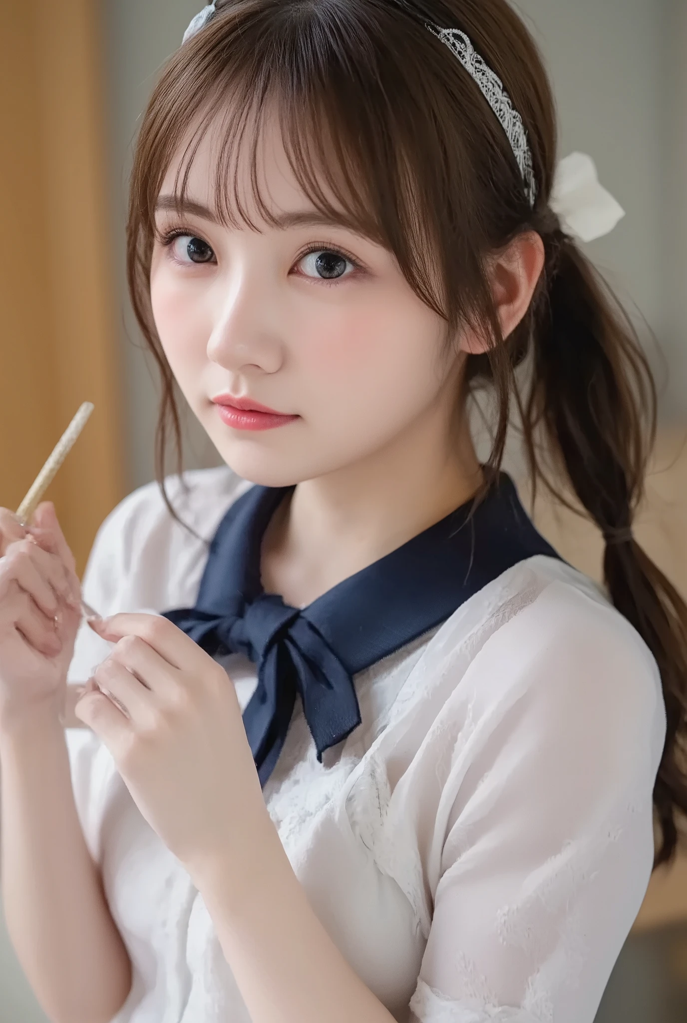 nsfw, one girl ,  high quality,  masterpiece,     college student   ,   female high school student, twintails,  without makeup, (Big Breasts:8.8,  Chest for Men:8.0, showcasing Chest for Men:5.8, emphasize the Chest for Men:5.8),  thighs,   sexy  ,open your mouth笑いなさい , smile, 軽いsmile,  open your mouth ,( white lace bra that goes up to the navel:1.2), I'm wearing a dark blue plaid bow tie around my neck,    in the role of a human girl  , spread your legs, I'm wearing a dark blue blazer and school uniform,( dark blue calf length socks :4.0),( white lace panties: 1.2) ,  hotel,  on the bed,from above, video viewers,  On the forehead,