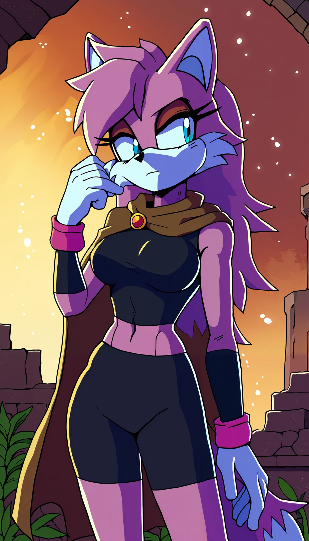 masterpiece, best quality, 1girl, anthro, furry, Mobian, fur, fluffy fur, (lavender colored fur), wolf girl, Mobian Wolf, Kitsune-like markings on her face, furry, wolf ears, fluffy ears, animal nose, cute eyes, light blue eyes, (fluffy wolf tail), big tail, messy hair, (long hair), solo, (future ruins background), detailed, black top, worn out/torn brown cloak, sleeveless, black arm warmers, white gloves with magenta colored cuffs, black yoga shorts, keeps to herself, head tilt, ager (18 years), medium breast, looking to the side, light particles, score_9, score_8_up, score_7_up, score_6_up, score_5_up, score_4_up, evnstnly, Even Stanley art style, Sonic OC, Sonic fan character, Sonic the Hedgehog series, (2D), quiet girl, anti social personality, blank expression, future ruins