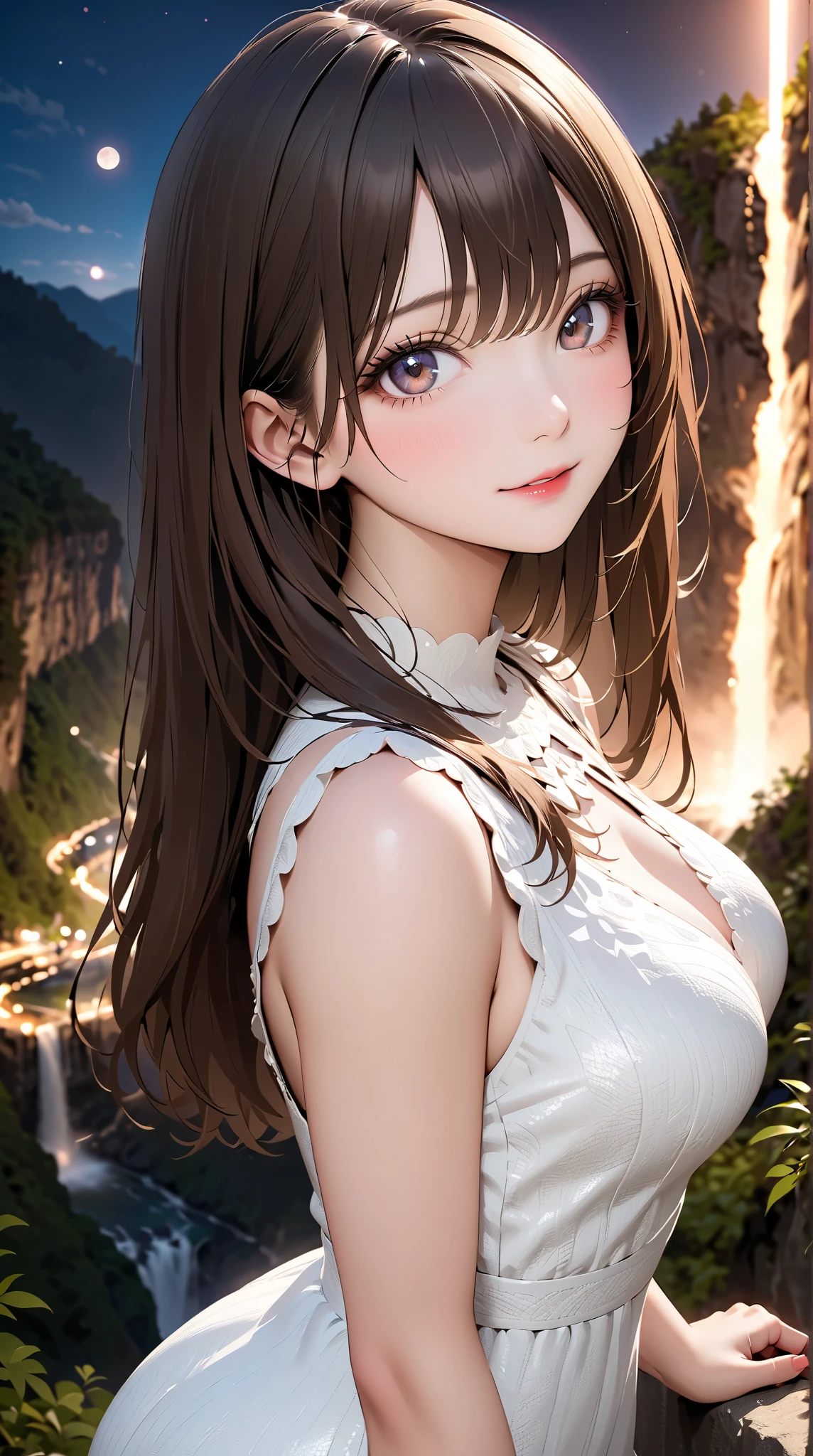 straight hair 、brown hair,((highly detailed pure white sexy dress)), Good physique , (beautiful girl: 1.3),girl around her neck,top quality,8k,Highly Detailed CG Unit Wallpaper,masterpiece:1.2,top quality, ultra high definition ,RAW photo,realistic textured skin from a vacuum cup,Cinema Lighting,enjoy,big eyes,detailed eyes,shiny lipstick,perfect makeup,super cute people, rich,(big, Round and beautifully shaped butt),(I'm standing on a cliff),(Panoramic Views),Kegon Falls,night,meteor