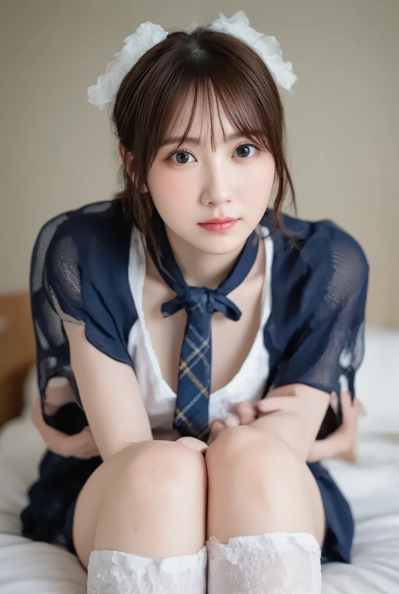 nsfw, one girl , high quality, masterpiece, college student , female high school student, twintails, without makeup, (Big Breasts:8.8, Chest for Men:8.0, showcasing Chest for Men:5.8, emphasize the Chest for Men:5.8), thighs, sexy ,open your mouth笑いなさい , smile, 軽いsmile, open your mouth ,( white lace bra that goes up to the navel:1.2), I'm wearing a dark blue plaid bow tie around my neck, in the role of a human girl , spread your legs, I'm wearing a dark blue blazer and school uniform,( dark blue calf length socks :4.0),( white lace panties: 1.2) , hotel, on the bed,from above, video viewers, On the forehead,