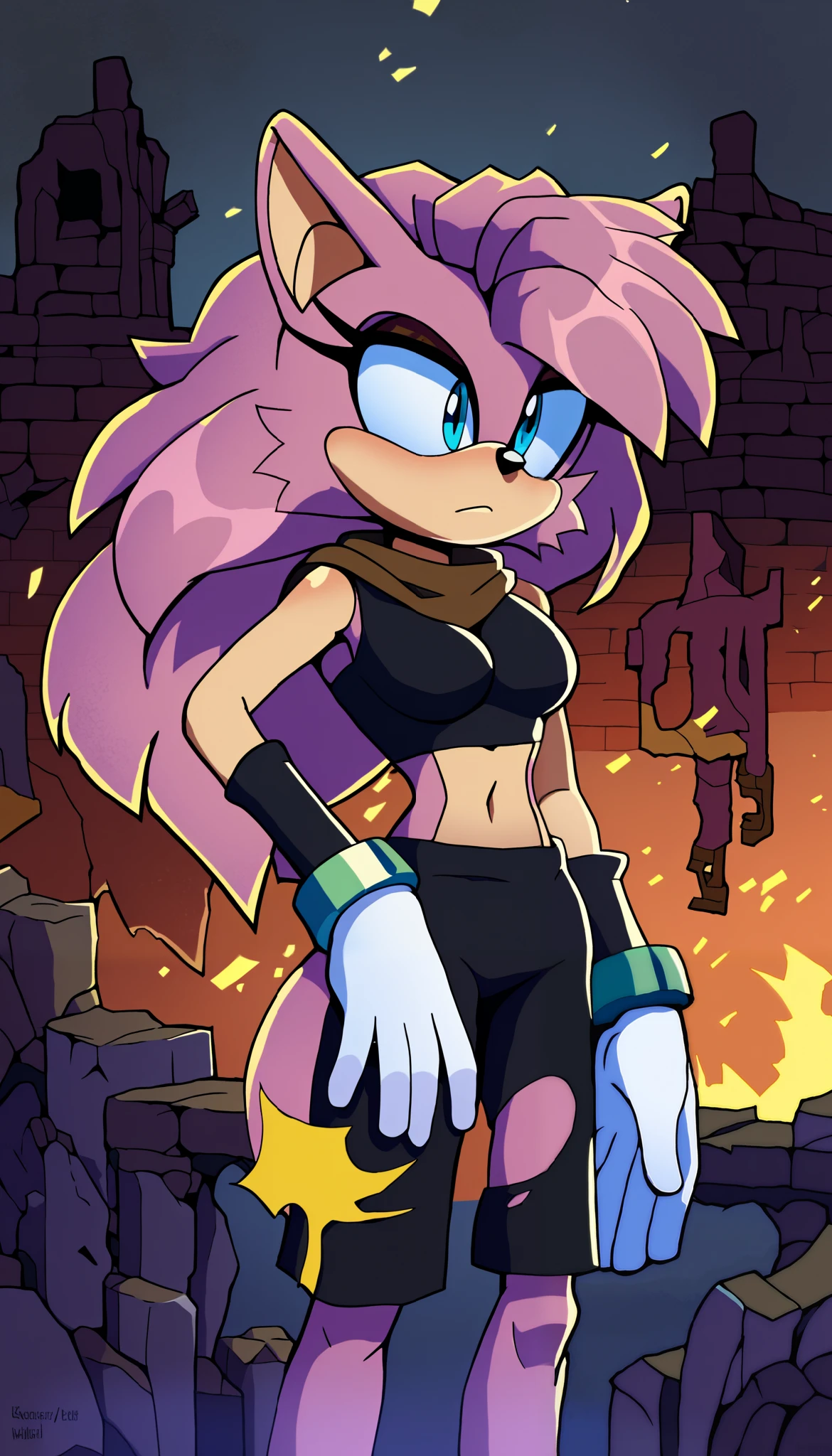 masterpiece, best quality, 1girl, anthro, furry, Mobian, fur, fluffy fur, (lavender colored fur), wolf girl, Mobian Wolf, Kitsune-like markings on her face, furry, wolf ears, fluffy ears, animal nose, cute eyes, light blue eyes, (fluffy wolf tail), big tail, messy hair, (long hair), solo, (future ruins background), detailed, black top, worn out/torn brown cloak, sleeveless, black arm warmers, white gloves with magenta colored cuffs, black yoga shorts, keeps to herself, head tilt, ager (18 years), medium breast, looking to the side, light particles, score_9, score_8_up, score_7_up, score_6_up, score_5_up, score_4_up, evnstnly, Even Stanley art style, Sonic OC, Sonic fan character, Sonic the Hedgehog series, (2D), quiet girl, anti social personality, blank expression, future ruins
