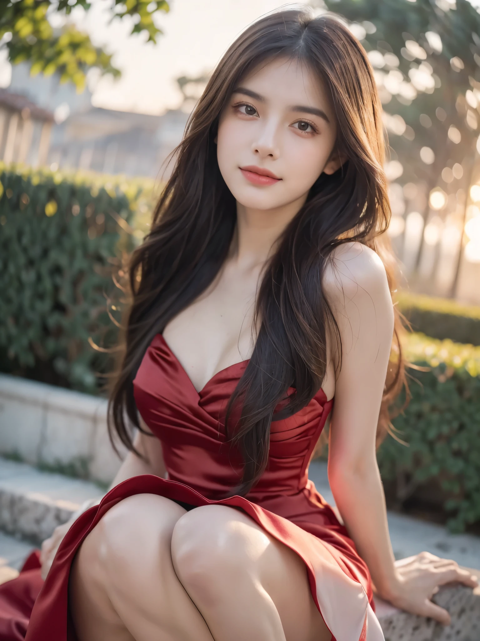 ((Masterpiece, Best quality, 16k, 18 years old, Raw photo, Smile, Pure, German)), , Smooth, Realistic image, Light particles, Dynamic composition, Bright colors, Complementary colors, Highly detailed background Motion, Ultra - detailed, Incredibly detailed, A lot of details, Amazing fine details and brush strokes, ((Ombre)), Eye contact, Full body, Slender, Perfect body, Laces, Cleavage, Full body, ((Open waist)), Offshoulder, Smile, High heels, Sexy legs, Tall legs, Perfect legs, Piercing, Tattoo, Necklace, Pure, Choker, Perfect body, Instagram model, Highly detailed facial and skin textures, Detailed eyes, Double eyelid, Silky hair, (Photorealistic: 1.4, Clear: 1.2, Beauty: 1.4, Slim abdomen: 1.2, Big breasts: 1.2, Fit: 1.5, Full-body shot: 1.4, Random hairstyles: 1.2, Bring your chest together :1.5, Sharp focus: 1.2), Colorful dress, Clothing, Colorful theme, A beautiful girl chooses an elegant offshoulder Velvet dress, Squatting, Wide view, Side view