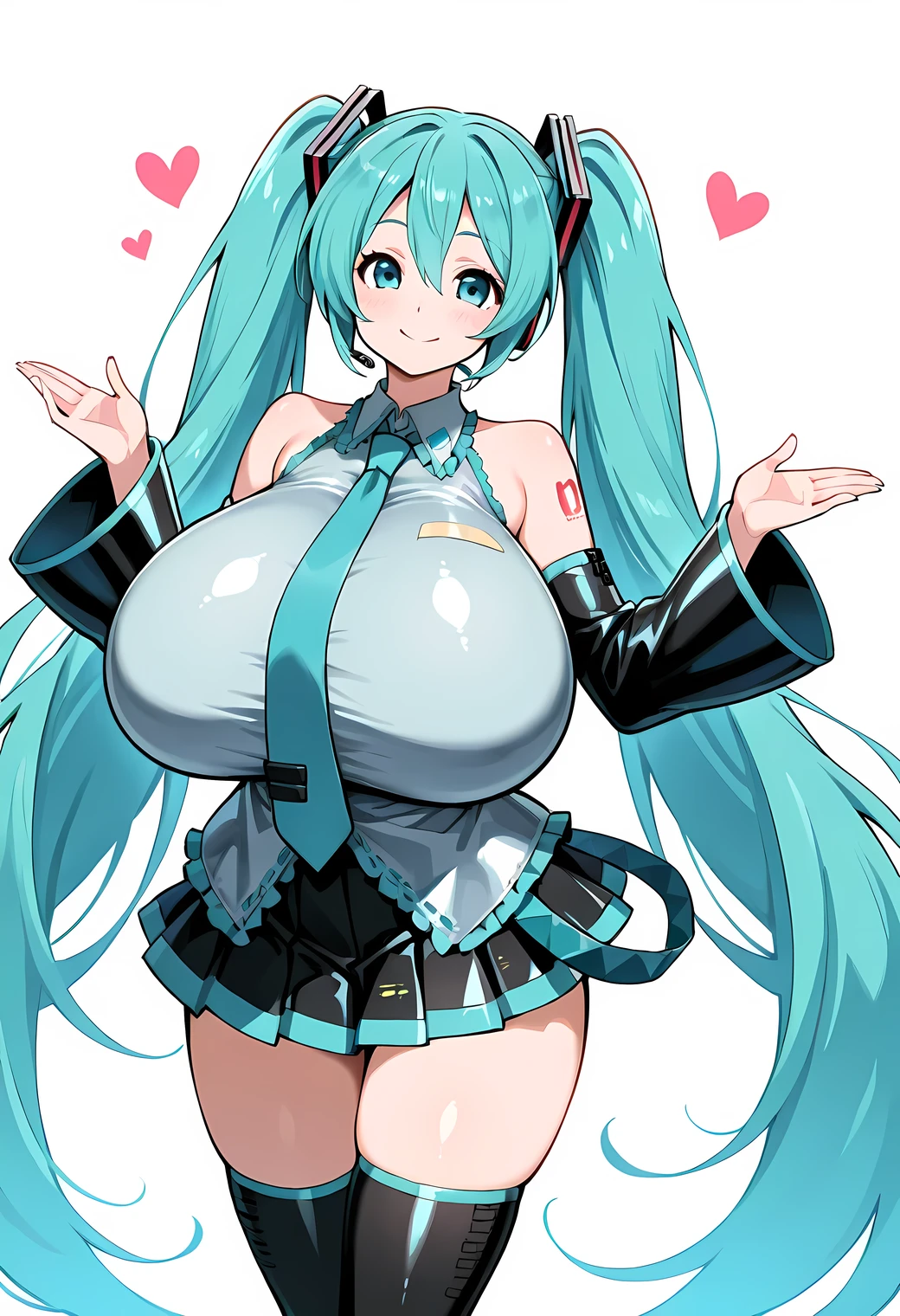 1girl, long hair, twintails, very long hair, blue hair, blue eyes, smile, hair ornament, hatsune miku, aqua hair, skirt, detached sleeves, necktie, aqua eyes, (gigantic breasts)