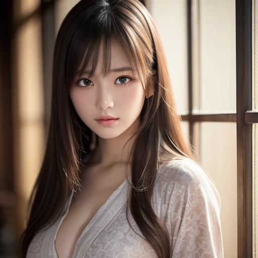 (best quality), (Extremely detailed), (illustration), (Detailed lighting), (Extremely delicate and beautiful), 1 young girl, Brown hair, Brown eyes, Model, Bare shoulders, best quality, Extremely detailed CG unified 8k wallpaper, High-resolution original color photos, Professional photography, (((Bokeh))), Depth of Field, twilight, Sunset,