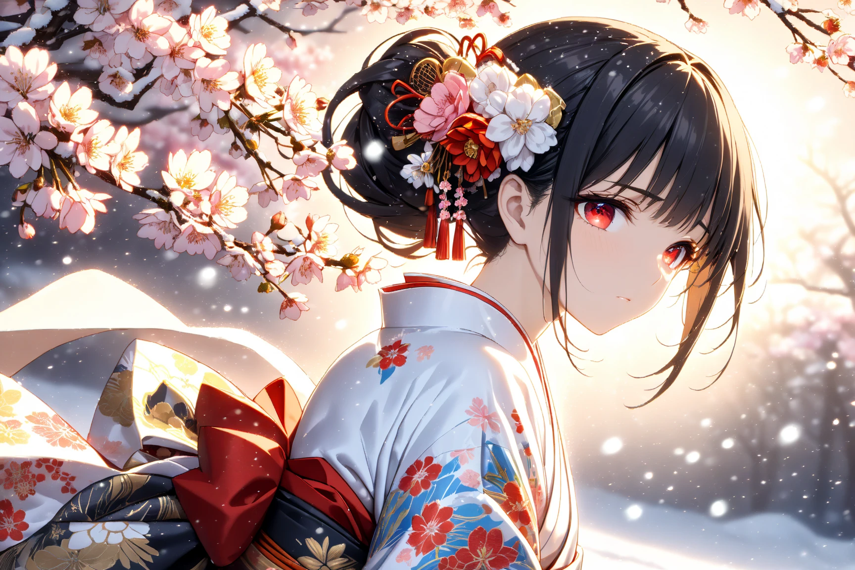 masterpiece, best quality, extremely detailed CG 8k wallpaper,Maximum facial details, Maximum detailed textures, Maximum detailed shadows, Maximum detailed backgrounds,
BREAK,
a girl,solo,beautiful,(pastel tone:1.2),sorrowful,white pastel,(white furisode with gorgeous floral print:1.2),gold and black obi sash,black hair,hime cut,((red eyes)),closing mouth,((Stretch her hands out in front of her)),folded ponytail,kanzashi,white flower hair ornament,(heavy snowing:1.2),
white sky,(snow field:1.2),background,white ink drawing background, upper body,,dynamic pose,dynamic angle,(dramatic lighting:1.4),((cherry blossoms blizzard)),shower of blossoms,mist,(powder light:1.5),