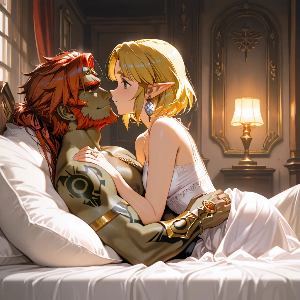 source_anime,score_9,score_8_up,screencap, anime screencap, BREAK, A shirtless young man lying face down on a bed, facing towards you., Brown hair, look at viewr, toppless, Smile、Cool men, 1girl, qboy, male focus, blonde male, link, muscular, in bed, zelda, laying on side, side view, covered legs in a blanket, couple