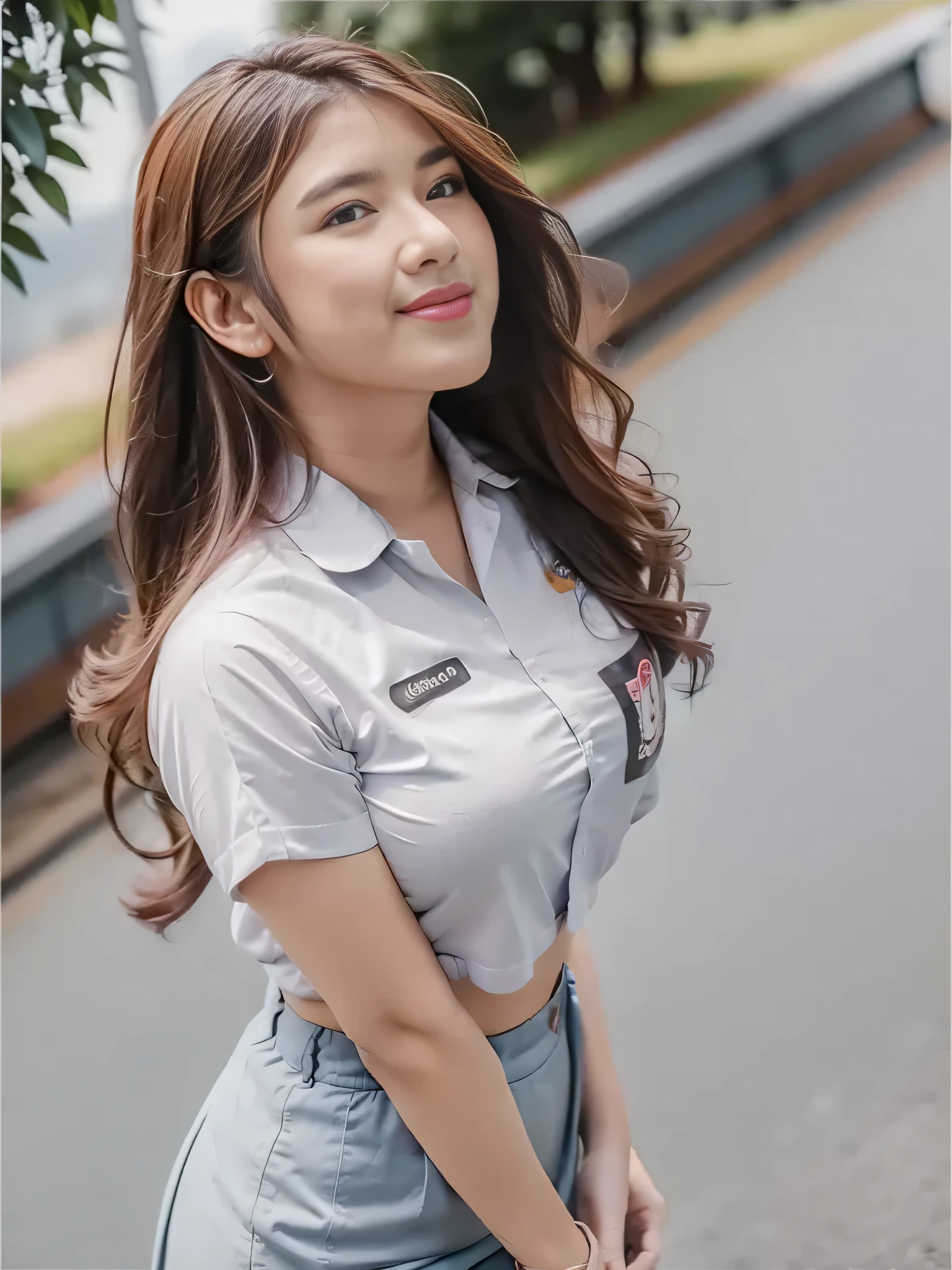 1girl, solo, 19 years old, (uniform), detailed Metropolitan city at the background, portrait, thick , semi-curvy body, Sixpack abs, smooth realistic skin, cute smile, shirt, grey blue short skirt, looking at the audience, high angle shot,(8k, RAW photo, best quality, masterpiece: 1.3), (realistic, realistic: 1.37), ultra-high resolution, cowboy shot