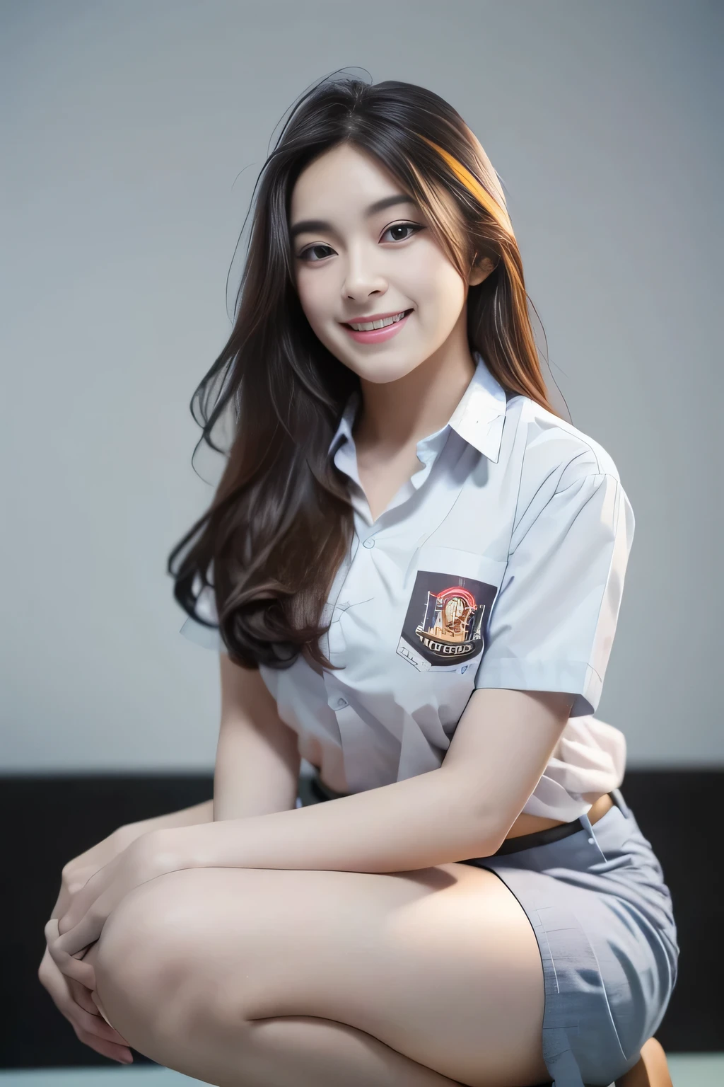 1girl, (uniform), sits with her legs pressed to her chest, detailed night view ofMetropolitan city at the background, detailed face, detailed eyes, brunette, big breasts, smooth realistic skin, semi-curvy body, white shirt, grey blue hot miniskirt, looking at the audience, smiling, Full body shot, zoom out, overhead view, (8k, RAW photo, best quality, masterpiece: 1.2), (realistic, realistic: 1.37), ultra-high resolution