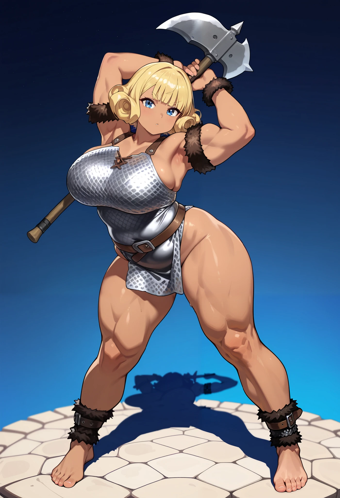 (masterpiece, highest quality:1.2), 1 girl, looking at the viewer, Amazon, dragon'crown of, bikini armor, No expression, has a halberd, bangle, muscular woman, chest, black gloves, gloves, thighs, (thick thighs, big ass:1.1), tattoo, belly button, oblique muscle, long hair, cleavage, swimsuit, feather hair ornament, blonde hair, abs, circlet, large chest, feather, (dungeon, cloudy, fantasy setting, brick wall:1.1),full body shot,mature woman, Erotic manga style,