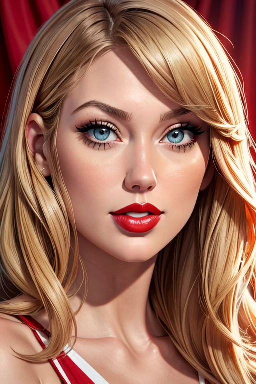 masterpiece, ,(solo:1.1), perfect face, (bright lighting:1.2),beautiful detailed eyes, extremely detailed face, perfect lighting,masterpiece, best quality, ((mature female)), ((large breasts)), 30yo female, 1girl, red lips, short blonde, straight hair ,provocative, tease, lips, lipstick, red lips, red lipstick, milf, large breast , smile, woman, bold lips, thick lips, tube top