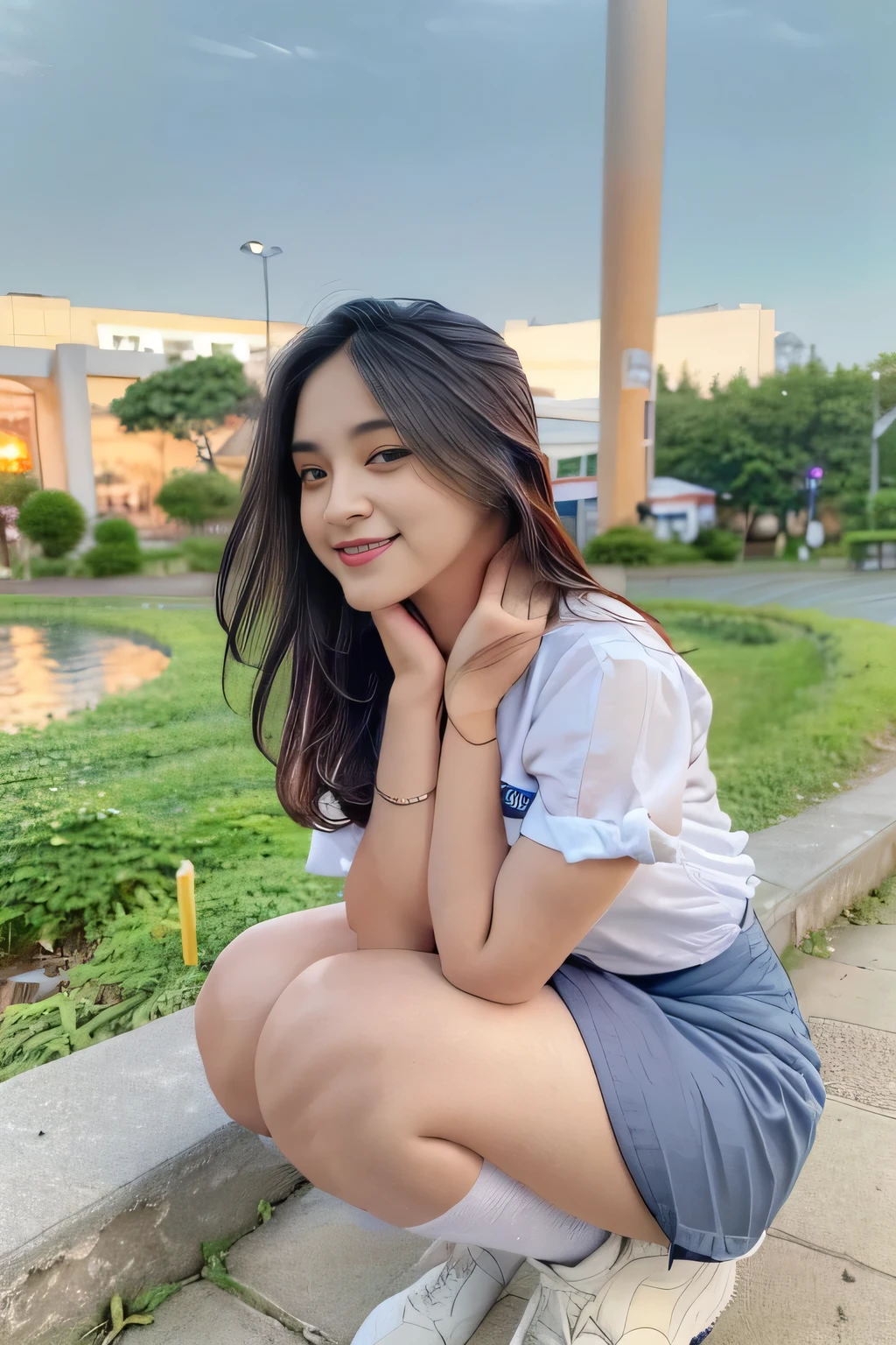 1girl, (uniform), sits with her legs pressed to her chest, detailed night view ofMetropolitan city at the background, detailed face, detailed eyes, brunette, big breasts, smooth realistic skin, semi-curvy body, white shirt, grey blue hot miniskirt, looking at the audience, smiling, Full body shot, zoom out, overhead view, (8k, RAW photo, best quality, masterpiece: 1.2), (realistic, realistic: 1.37), ultra-high resolution