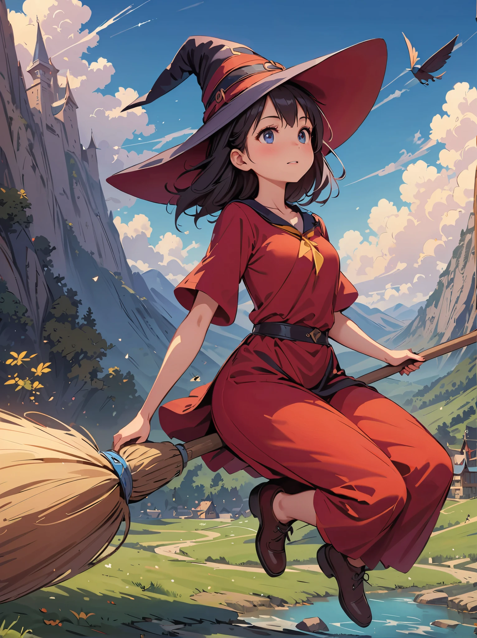 1 girl,Kiki ,Witch's Delivery Service,perfect face,cute, ((((flying witch))),((Ride a broom)),broom flight,Straddling the broom,anatomically correct,(masterpiece, highest quality:1.2),masterpiece,highest quality,the best masterpiece,8k,,Wind, fantasy,,wonderful,, Mysterious, charm, Whimsical, playful, adventurous, free, wonder, imagine, decide, skill, speed, movement, energy, realism, naturalistic, figurative, represent, beauty, fantasy culture, myth, fairy tale, folklore, legend, witch, wizard, Magical creatures, fantasy worlds, composition, scale, Zenikichi, midway point, background, perspective, light, color, texture, get used to it, beauty, wonder.