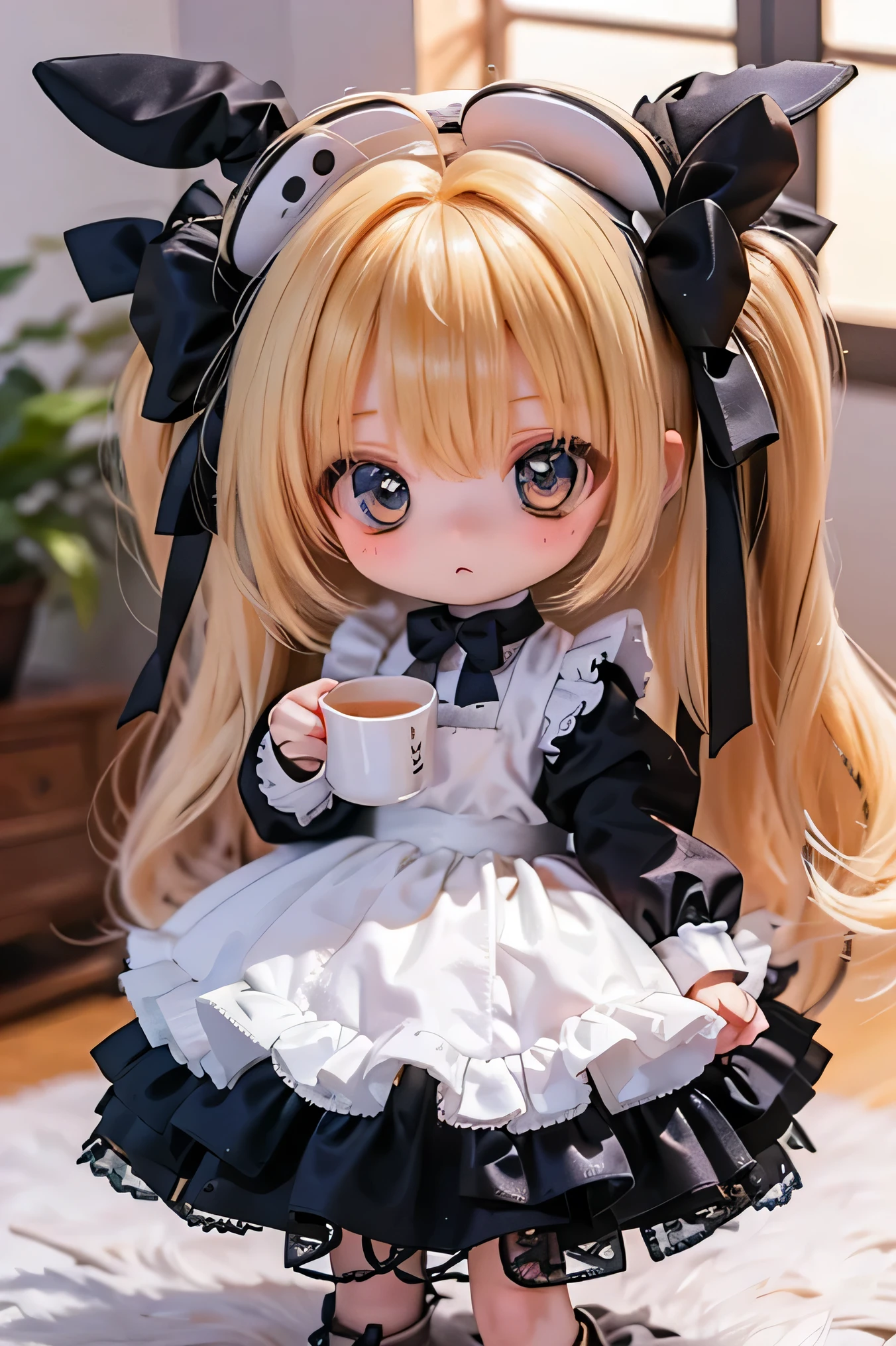 rabbit girl 、 chibi 、 young girl、 Tea in a tea room dressed in gothic ta clothes
