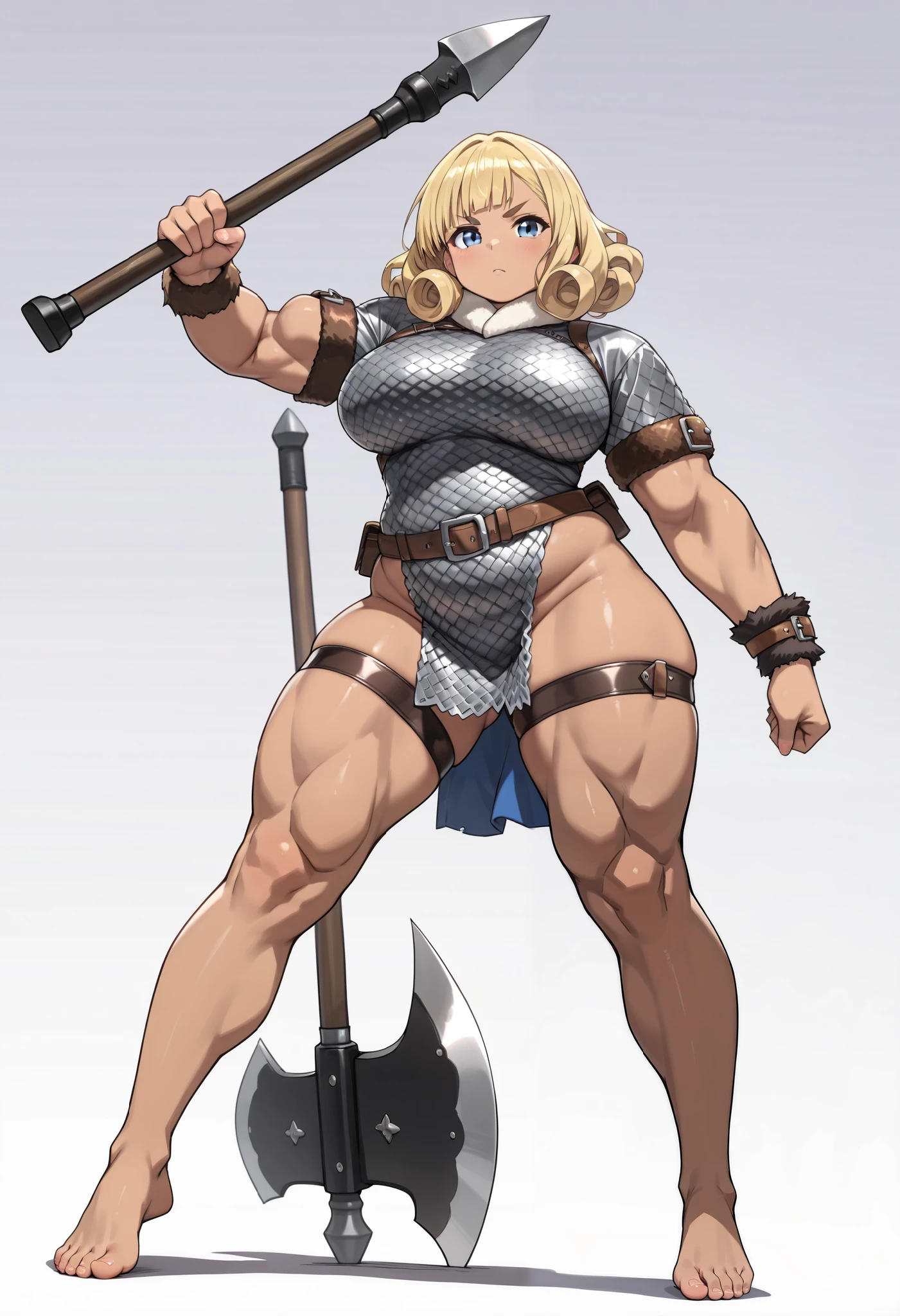 (masterpiece, highest quality:1.2), 1 girl, looking at the viewer, Amazon, Dragon's Crown, bikini armor, No expression, holding a halberd, bangles, muscular woman, chest, black gloves, gloves, thighs, (thick thighs, big ass:1.1), tattoo, belly button, oblique muscle, long hair, cleavage, swimsuit, feather hair ornament, blonde hair, abs, circlet, large chest, feather, (dungeon, Cloudy, fantasy setting, brick wall:1.1),full body shot,