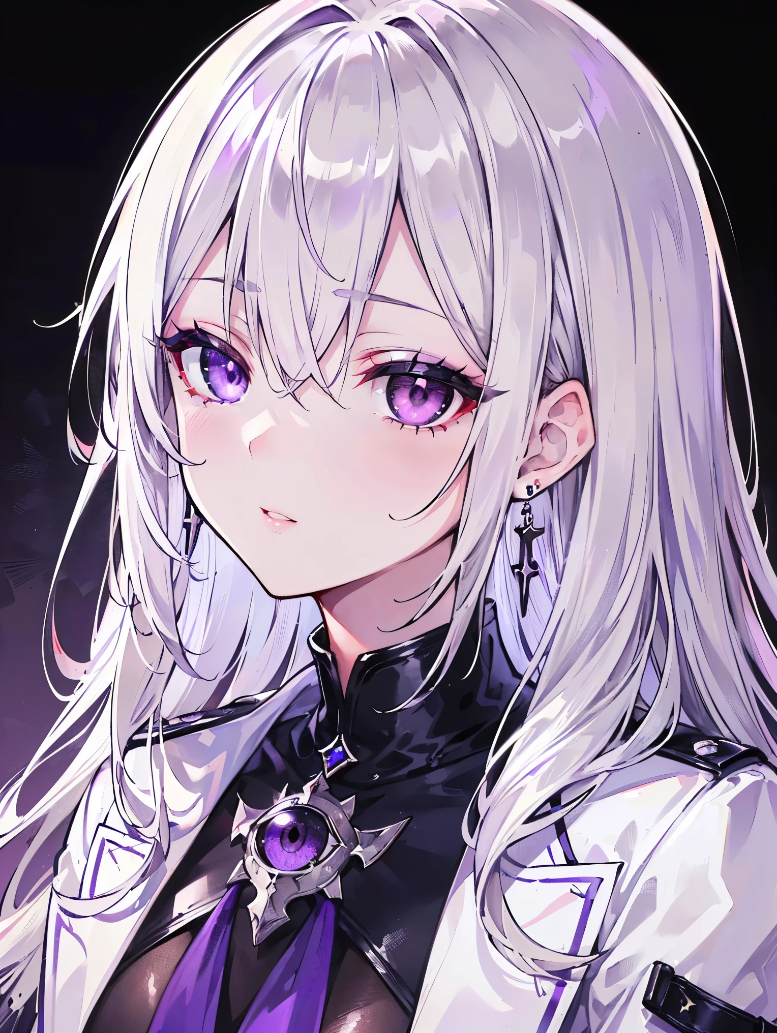 ((((heterochromatic, silver eye, purple eye, odd-eye)))),1girl, solo, long blonde hair, beautiful detailed eyes, lips, extremely detailed face, longeyelashes, knight coat, leather short boots, (best quality,4k,8k, highres, masterpiece:1.2), ultra-detailed, Cross earrings, beautiful detailed earrings,