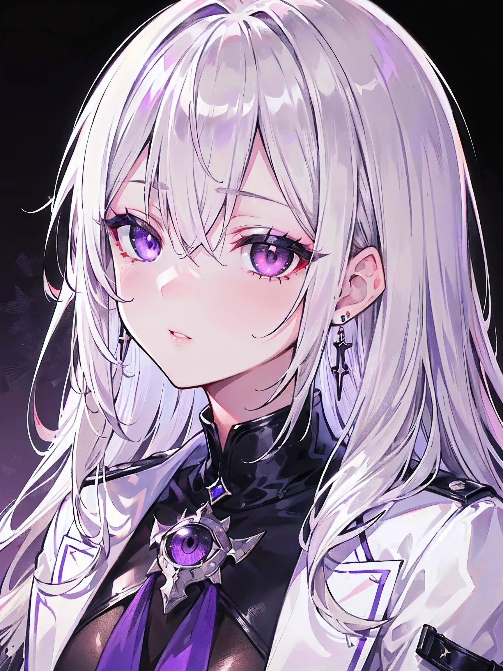 ((((heterochromatic, silver eye, purple eye, odd-eye)))),1girl, solo, long blonde hair, beautiful detailed eyes, lips, extremely detailed face, longeyelashes, knight coat, leather short boots, (best quality,4k,8k, highres, masterpiece:1.2), ultra-detailed, Cross earrings, beautiful detailed earrings,