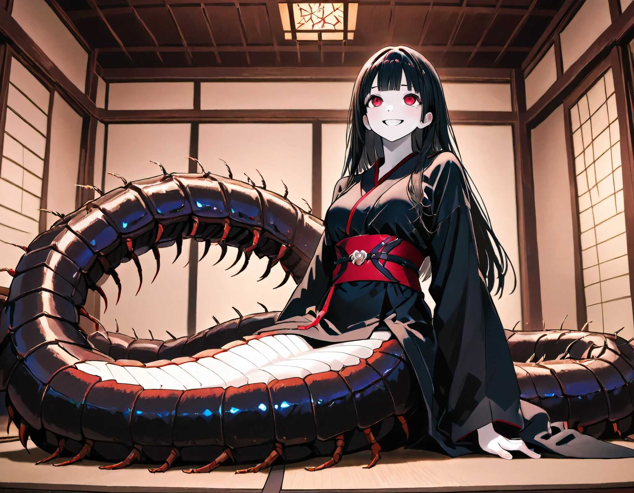 Lamia style girl. Fusion with a centipede. Black centipede body. Red insect legs. giant. Black costume. Japanese kimono dress. Red eyes. Black hair. Straight hair. Neat bangs. Grin. White skin. Japanese house. Indoors. look up.