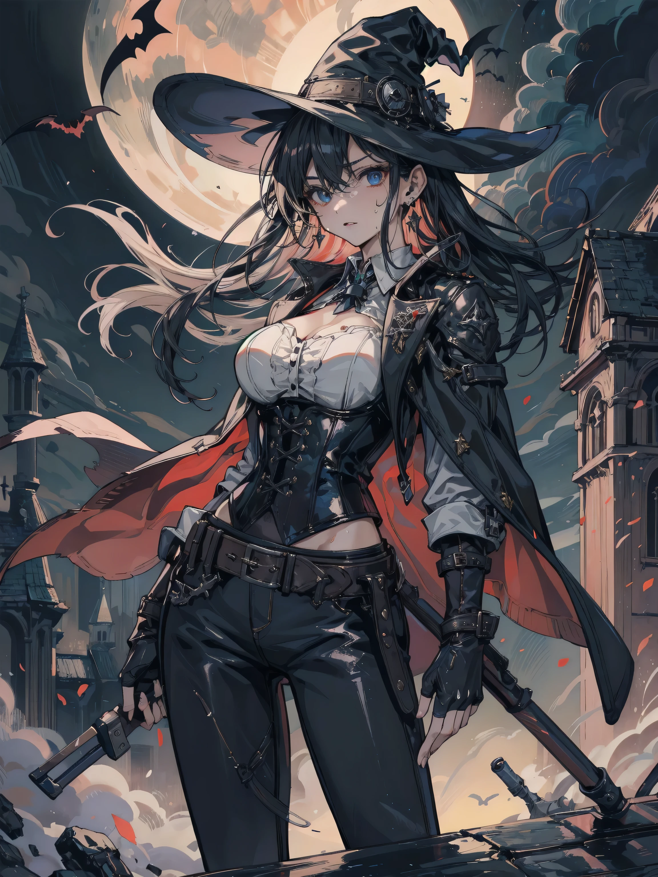 earring, big breasts, medium hair, ((((black hair)))), sexy, erotic, seductive, Sensual, adult body, sweat, cowboy shot, female Van Helsing, gothic hunter, vampire slayer, wearing a black leather trench coat, corset with silver buckles, high-collared shirt, tight leather pants, fingerless gloves, wide-brimmed hat, wielding a glowing enchanted crossbow, standing on a gothic cathedral rooftop, full moon shining behind her, dark stormy clouds, bats flying in the background, dark fantasy,