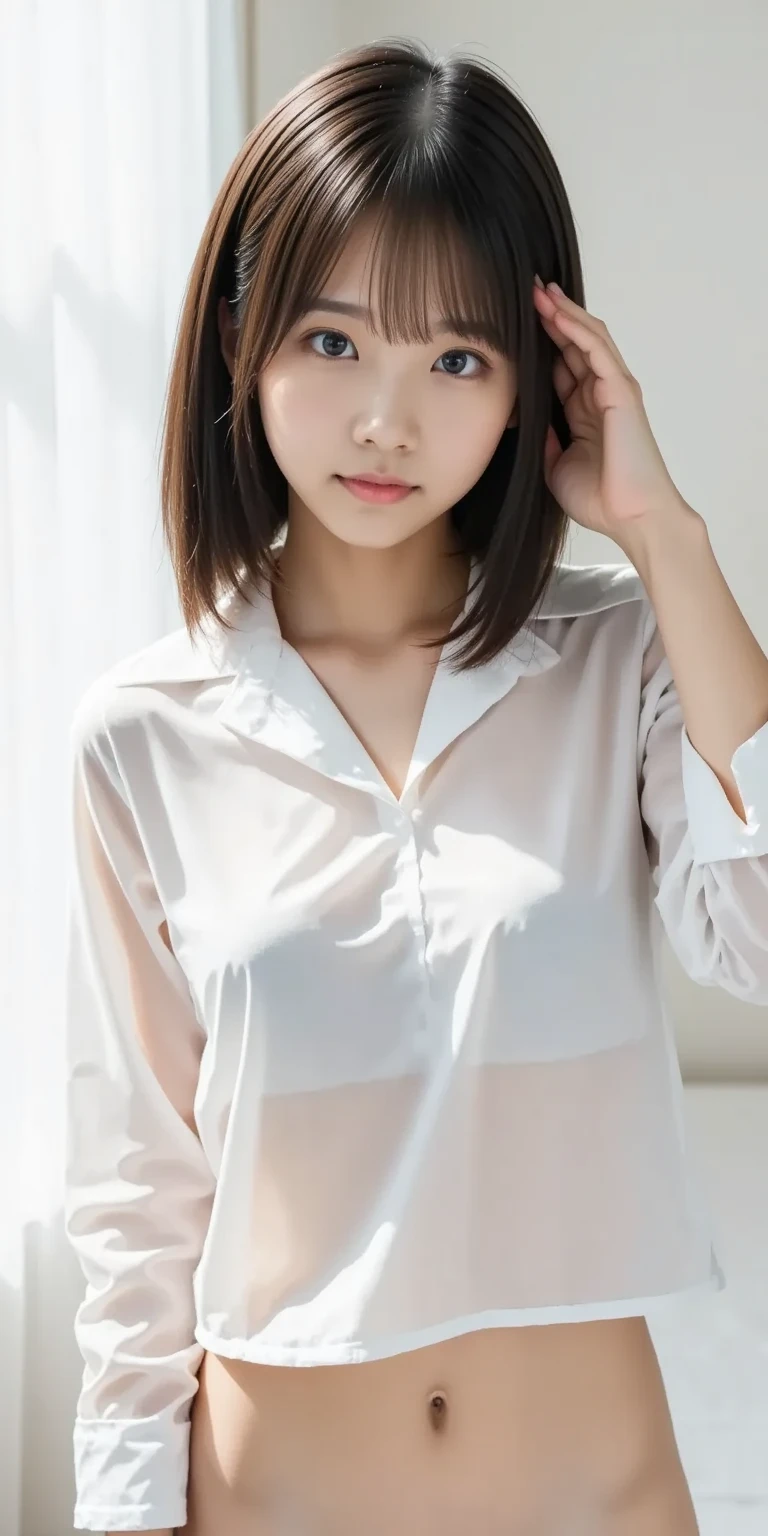 (highest quality、8K、32k、masterpiece、UHD:1.2)、photo of cute japanese woman、1 girl、(dark brown medium short hair)、Showing off a giant tit、double eyelid、Take off your white nurse uniform、little white nurse (cap) 、White sheer underwear、full body、open your legs、Showing off her sexy big ass、Crotch cleft、troubled face