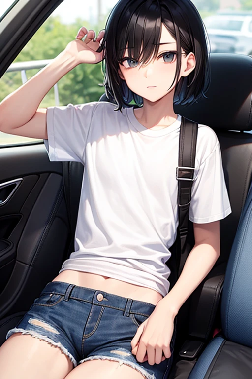 blue eyes, wearing long plain white shirt, high res, ultrasharp, masterpiece, wet shirt, black short hair, pussy, crowd not notice visible to viewer, mysterious smile, secretly having sex in front of others, tiny girl, very close to other people, inside a bus, person sitting on seat next to her