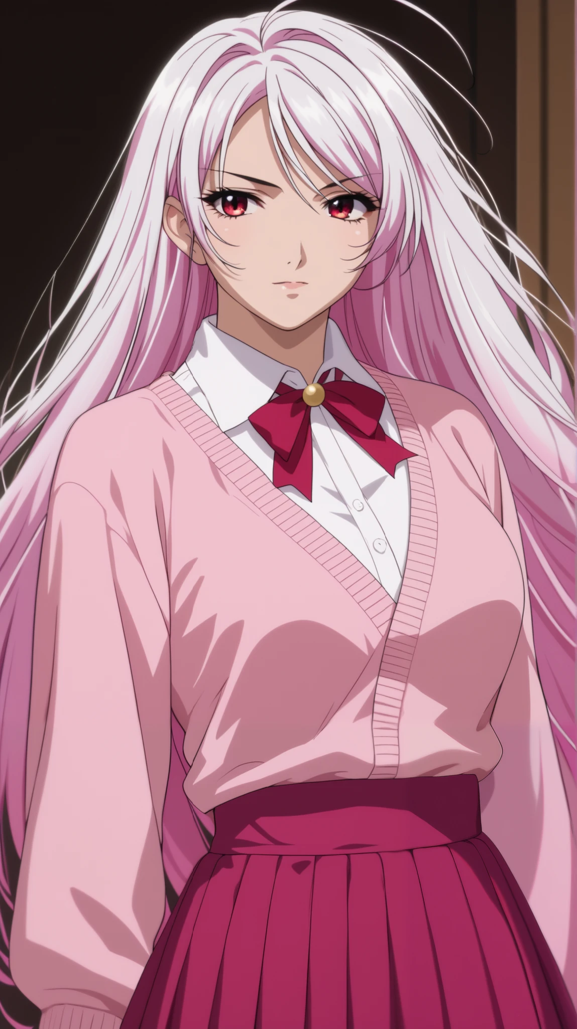 vampire moka akashiya, long hair, red eyes, ahoge, white hair, large breasts,(Pastel and pale colors are the base, dusty pink and beige,
items with details such as ruffles, lace and ribbons,A-line skirts and dresses with soft silhouettes,
incorporate items that add cuteness such as large ribbons and pearl accessories,
a typical outfit for a mature girly look is a ruffled blouse with an A-line skirt and a pastel colored cardigan)