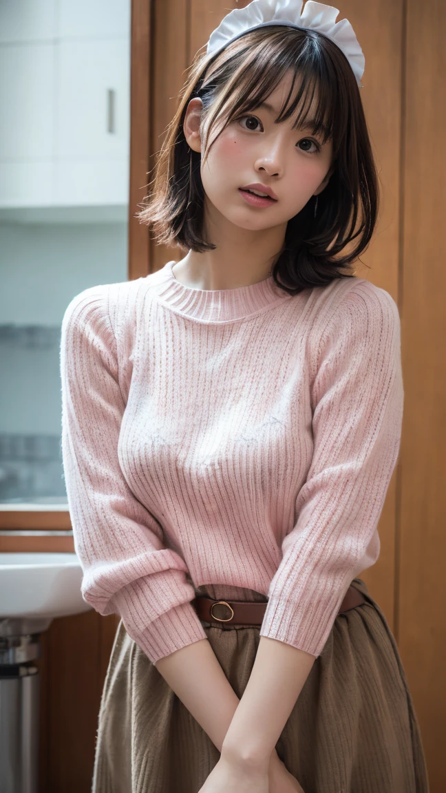 (8k, RAW Photos,highest quality, High resolution:1.1), (Ultra-realistic:1.4),(Realistic, Realistic:1.3),The Beauty of Japan、Rhythmic gymnastics club、Rhythmic Gymnastics Uniform、((Upper Body:1.3)),Maid Cafe、((Maid:1.3)),(Pink knitted sweater:1.3),look up、Shooting from the sky、