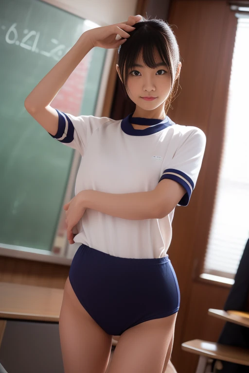 White gymnasium,Navy Blue Bloomers,15 years old,high school girl,Black Hair,bangs,Straight Hair,Twin tails,Dark Eyes,Small Face,Young face,Clean eyes,Small Mouth,Showing teeth,slender,Young face,Lori,Lori,Lori,,Flat chest,Flat chest,Flat chest,Flat chest,gym,live-action,Realistic photos,8K,Smile,White teeth,Ultra HD,Standing posture,whole body,