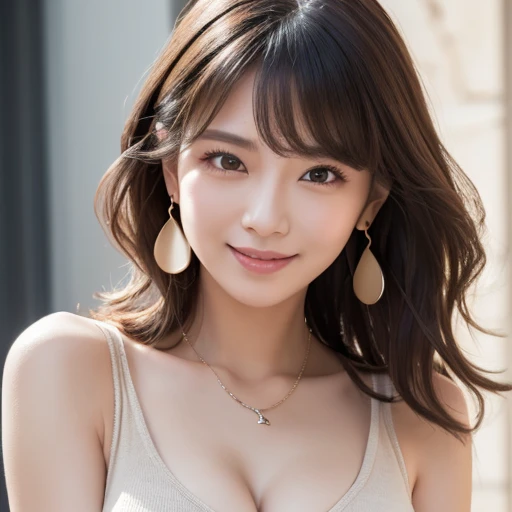 (Highest quality, Flying debris, Realistic photos, Very detailed, Ultra-high resolution, to be born:1.3), (1 female, Beautiful Japanese actresses, 2),  (A shy smile), Detailed face，Flashy makeup using red eyeshadow，Large ring earrings，Light blonde delicate medium cut hair，The tips of the hair are wavy，Elegant hairstyle，Beautiful Eyes, Slender actress，Small breasts,  (mini skirt dress), ( From beh de d), A glimpse of white panties，