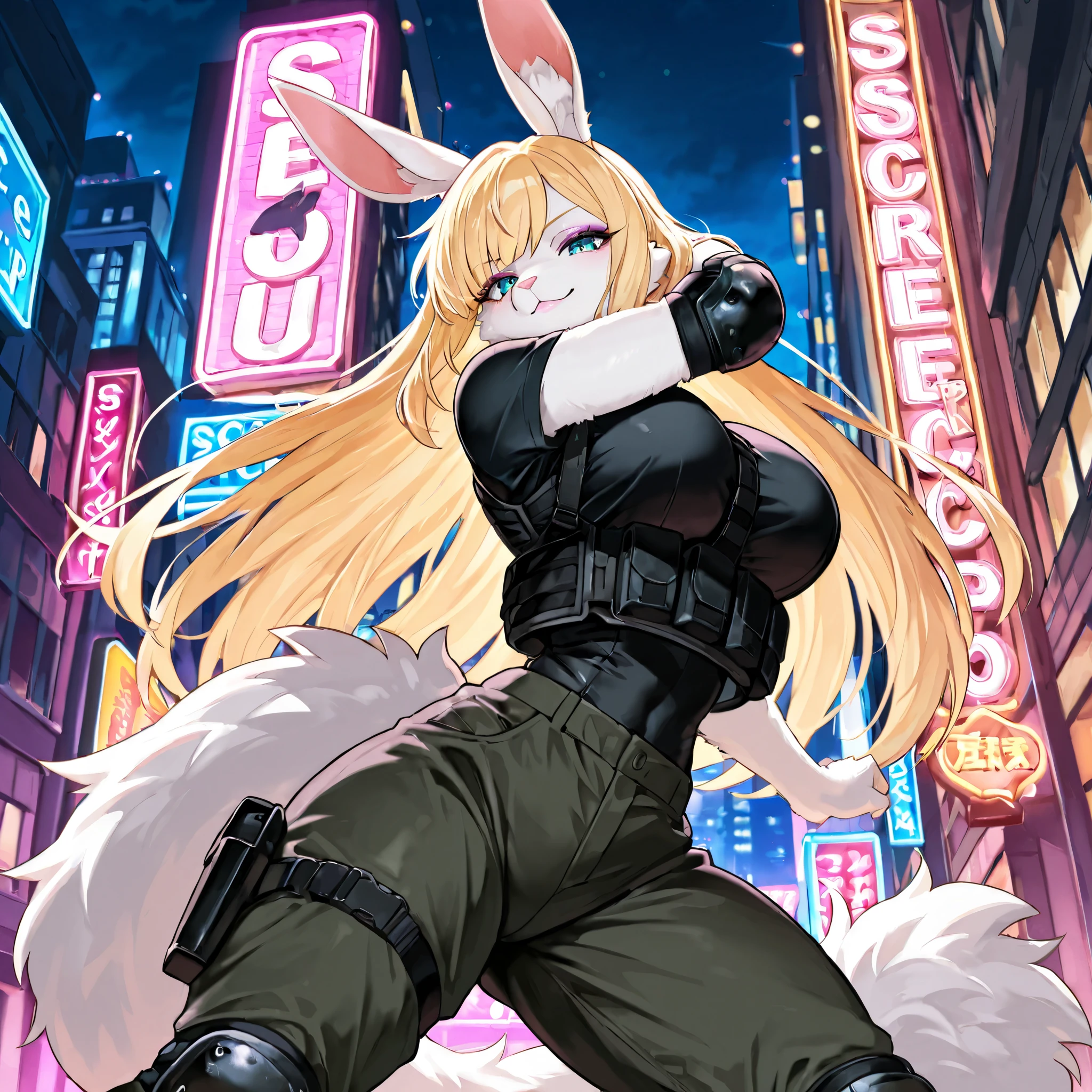 (Cool policewoman.Well-formed face.Tall.A very muscular, thin body.Beautiful six pack abs.Big eyes.Beautiful blue eyes.White Hair.Boyish medium-long hair with a center part.I can see your forehead.Heavy eye makeup.Dark lipstick.Tight waist.Very large breasts.Very large breastsの谷間.Beautiful pale pink areola.Firm skin).(A small, see-through white leotard.Nipples are visible.Black leather boots with lots of belts.Bunny ears).(Futuristic City.Late Night.Police car.I'm getting out of the driver's seat.My hair is blowing in the wind.Smiling thinly.Mouth slightly open with tongue sticking out)Perfect Face.Accurate human body.Accurate 5 fingers.High resolution.Full body image