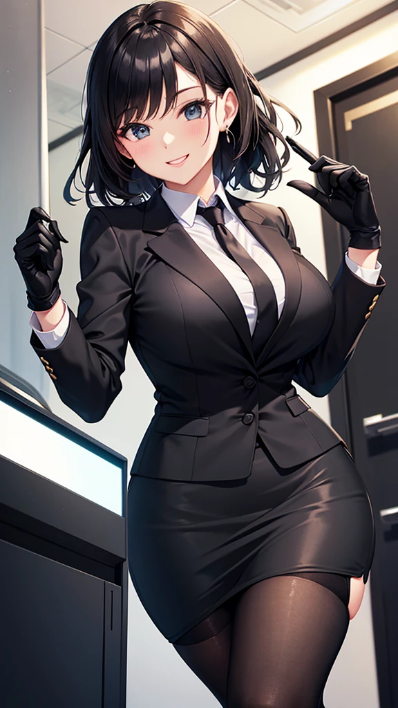 A woman in a black suit Black tight skirt smile Black gloves