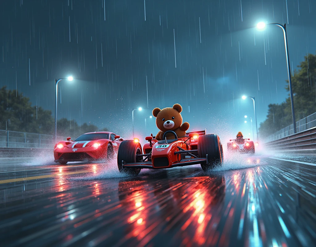 cars that are racing down a freeway at night, racecars, vibrant colors, heavy rain, dynamic shot, streaks of light, streaks of car lights passing by, motion blur, view from side of the road, masterpiece, very detailed, a cartoon duck in a cartoon go-cart is racing along the hyperealistic cars, mixed media