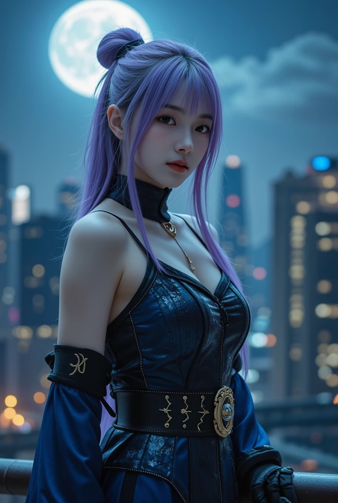 Ayane, purple hair, red eyes, (best quality, ultra-detailed), (realistic:1.37), beautiful and detailed face, ultra-realistic texture, delicate face, delicate body, red lipstick, long-lasting colors. high definition, 8K. expression with a sexy look