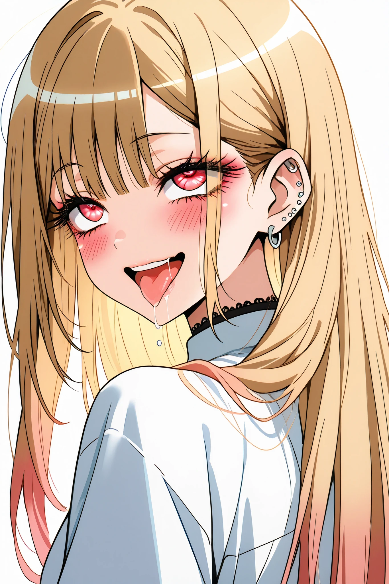 marin_kitagawa,1 female,solo,pretty,
white background,
upper body,from behind,
blonde,long hair,side part bang,cut bangs,
colored inner hair,
red eyes,beautiful eyes,
big eyes,slant eyes,sleepy eyes,
long eyelashes,
white shirts (1.3),
smile,blushing,drooling,tearful eyes,
rolling eyes,open mouth,tongue out,
perfect face,beautiful skin,
anatomically correct,Highest quality,
masterpiece,high image quality