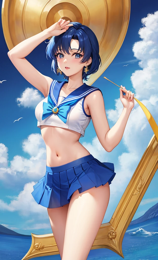 Sailor Mercury、Blue Hair、short hair、Pleated skirt、Tiara on forehead、Panty shot