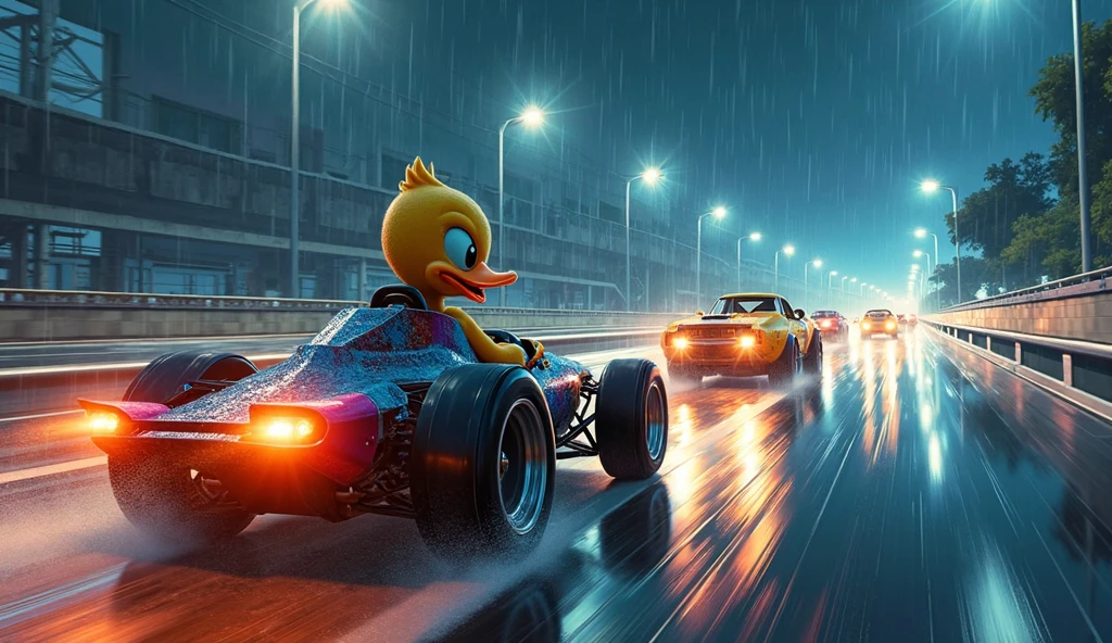 cars that are racing down a freeway at night, racecars, vibrant colors, heavy rain, dynamic shot, streaks of light, streaks of car lights passing by, motion blur, view from side of the road, masterpiece, very detailed, a cartoon duck in a cartoon go-cart is racing along the hyperealistic cars, mixed media