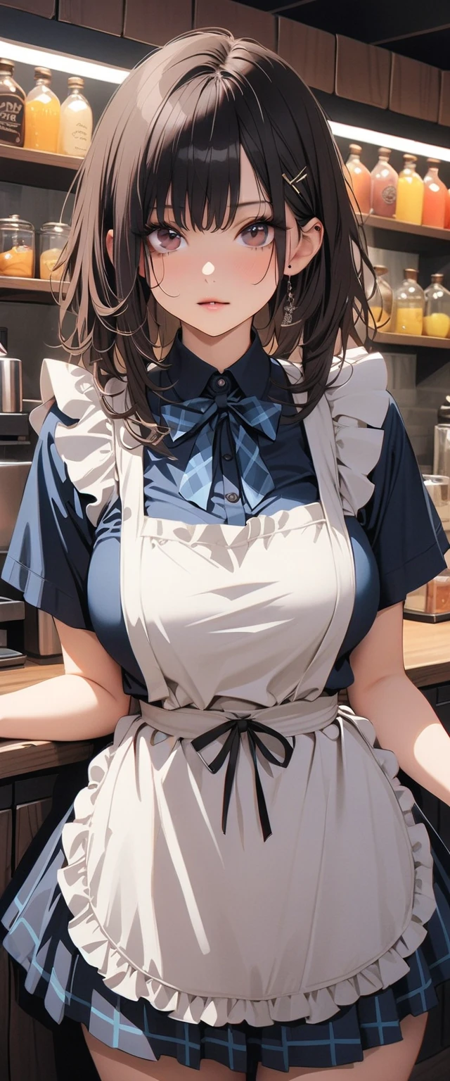 ((Tabletop, highest quality, High resolution, , Pixel perfect, 4K,))), 1 beautiful woman, private teacher、The whole body is visible、 ((Mid-wave hair, bangs, Brown Hair)), ((Brown eyes, Beautiful eyelashes, Realistic eyes)), ((Detailed face, Blushing:1.2)), ((Smooth texture:0.75, Realistic texture:0.65, Realistic:1.1, Anime CG Style)), middle size breast, Dynamic Angle, Perfect body, (( , , 、Frill apron, No bra、、Frilled Skirt))、Cooking in the kitchen、、I can see all of your panties、Very embarrassing panic smile, 、、、、(Pink floral lace panties are visible、)、Angle from below)、