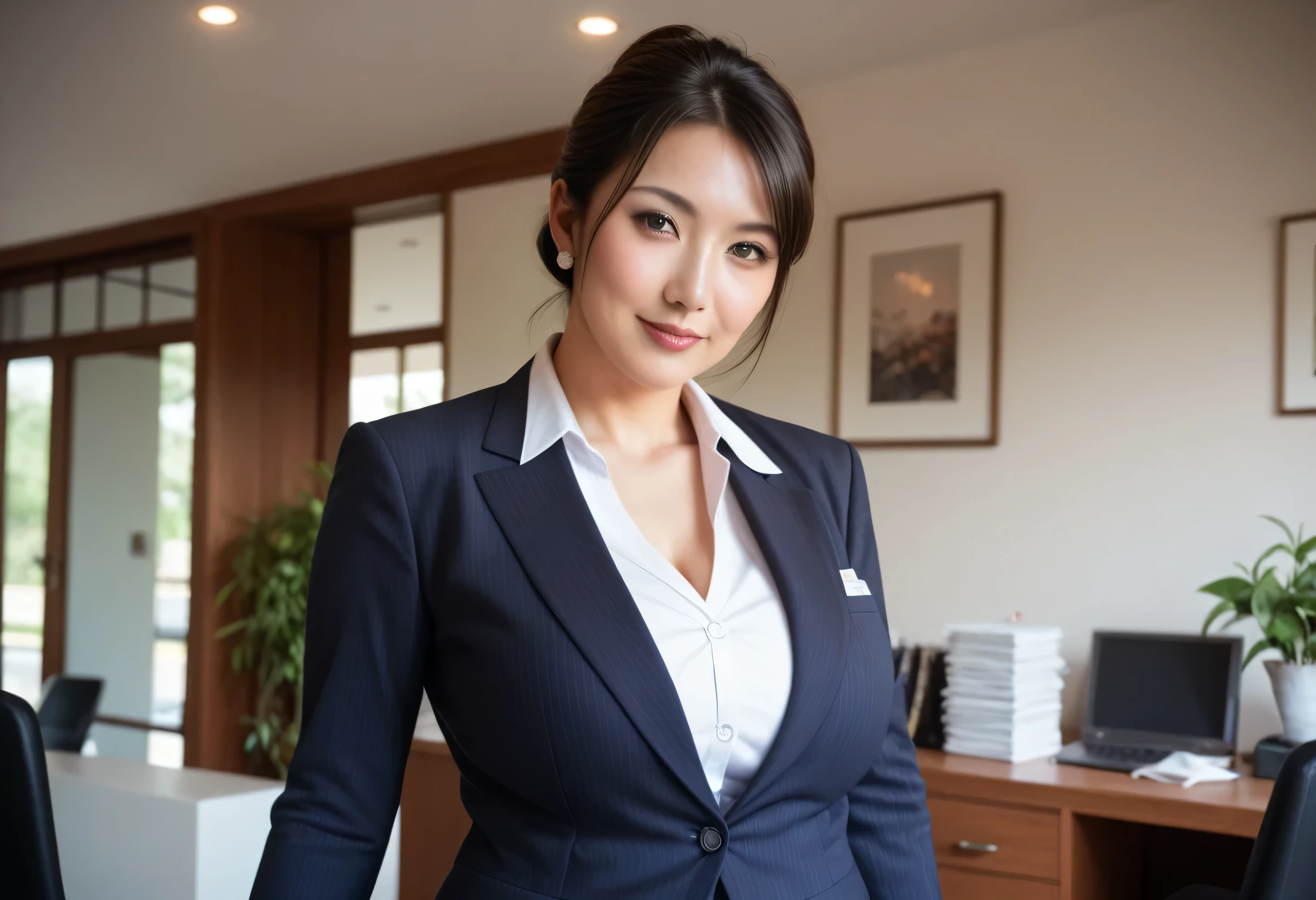 ( Photorealistic), Live Action Realistic Depiction, Real People, (((( Realistic Depiction)))), Best Quality, Realistic, Score_9, Score_8_up, Score_7_up, Score_6_up, ( Hyper Photorealism), Sharp Focus, ((( Real Skin Texture))), Natural Skin Glow, Extremely Detailed Skin, Beautiful Fine Face, Detailed Facial Depiction, Perfect And Natural Makeup, Beautiful Eyes, Dark Brown Hair, (( Very Beautiful Japanese Milf, Japanese Woman in Her 30s, Face of a 30 Year Old, Intellectual beauty)), ( Voluptuous Body, Large Breasts:1.1, Large Ass:1.1), 1 Woman, Working Woman, (( Business Suit, Light Colored Suit, Blouse, Lace Panty, Sexy Panty, Small Panty)), (( Inside a large company office, Standing Pose, Looking at Viewer, Natural Lighting))