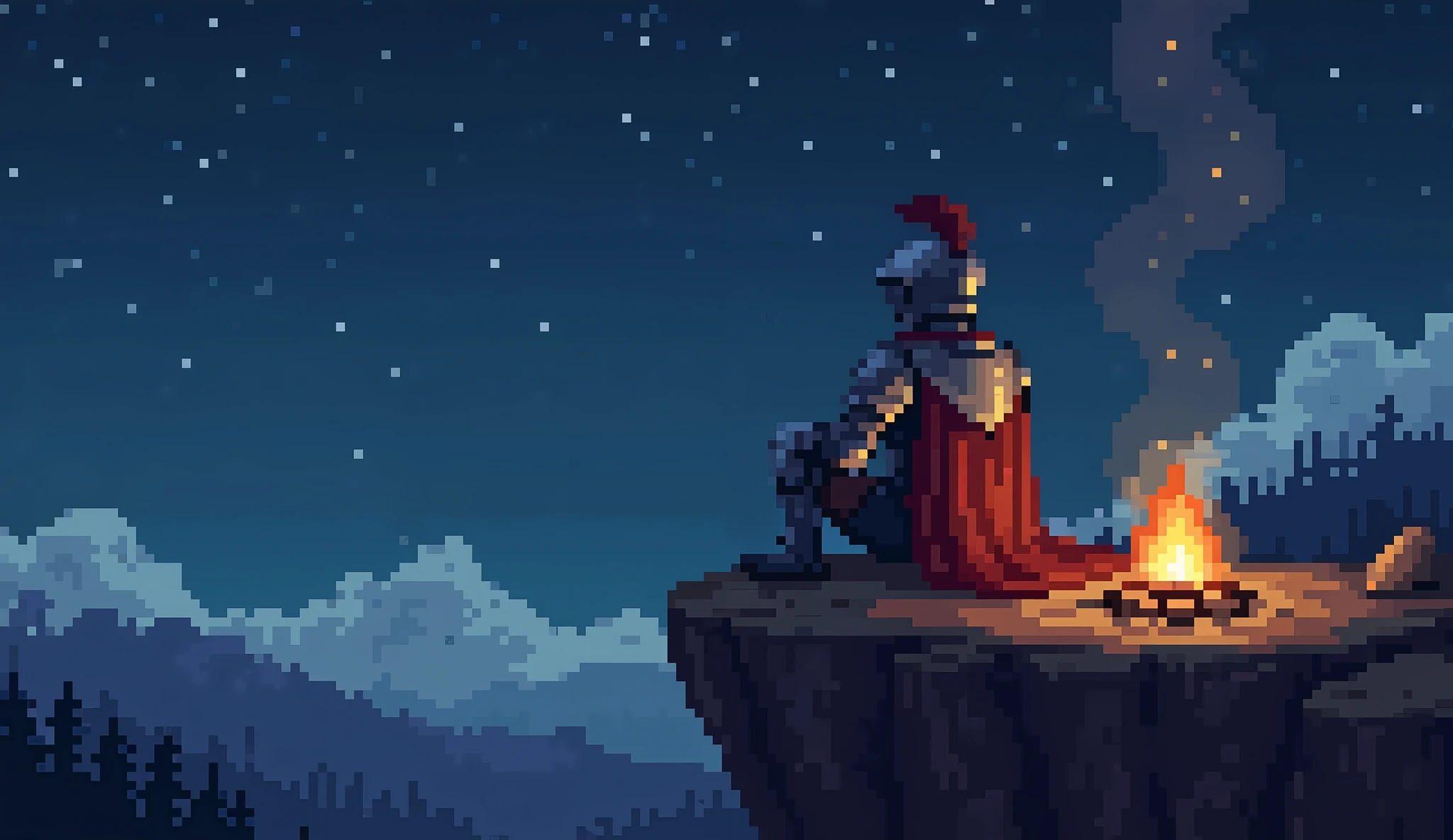 generate an aziib pixel etyle image of a knight wearing his helmet, sitting at the edge of a cliff, deep in thought, relaxing, gazing at the night sky with twinkling stars. There is a bonfire beside him and its glow is spreading slightly.