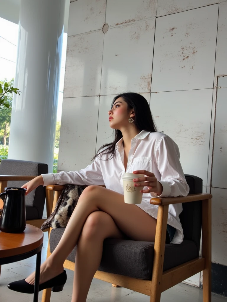 8k, Masterpiece, Top Quality, Close-Up, Eye Level, Chestnut, Coffee Cup, Earrings, Ring, Necklace, Vintage, Diner, Cafe, Orange, Chrome, Sitting, Retro, Romantic, Beach, , Beachwear, Sexy, nude