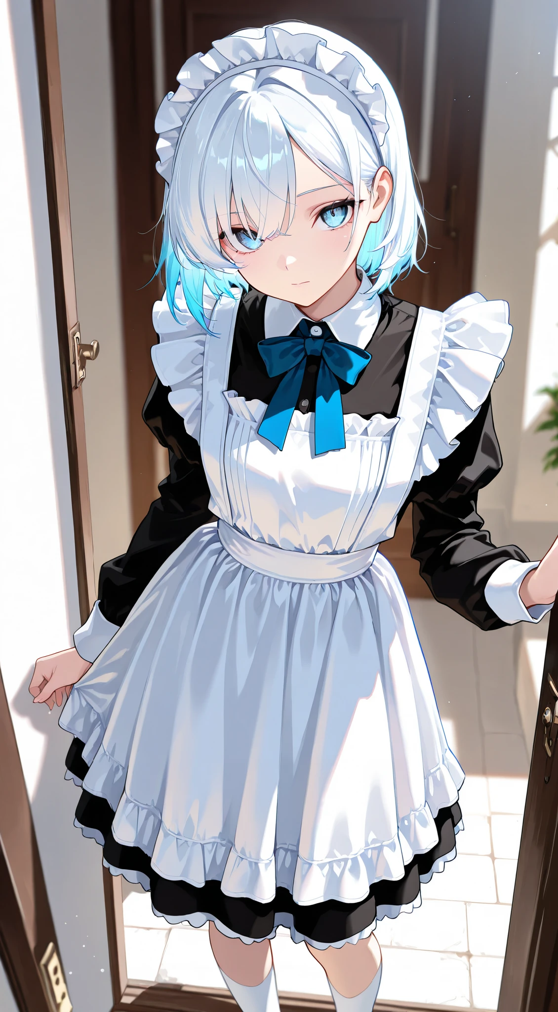 masterpiece, best quality, detailed face, detailed eyes, 1 girl, solo, beautiful, modest chest, slender body, mature, light makeup, adorable, sharp eyes, closed mouth, short hair, blue hair outer, white hair inner, long side bangs, short tidy bang, vibrant blue eyes, white maid headband, classic maid dress, blue bowtie, white overknee socks, Indoor background, in front of open door, polite stand, looking at viewer, day, depth of field, bloom, soft lighting,