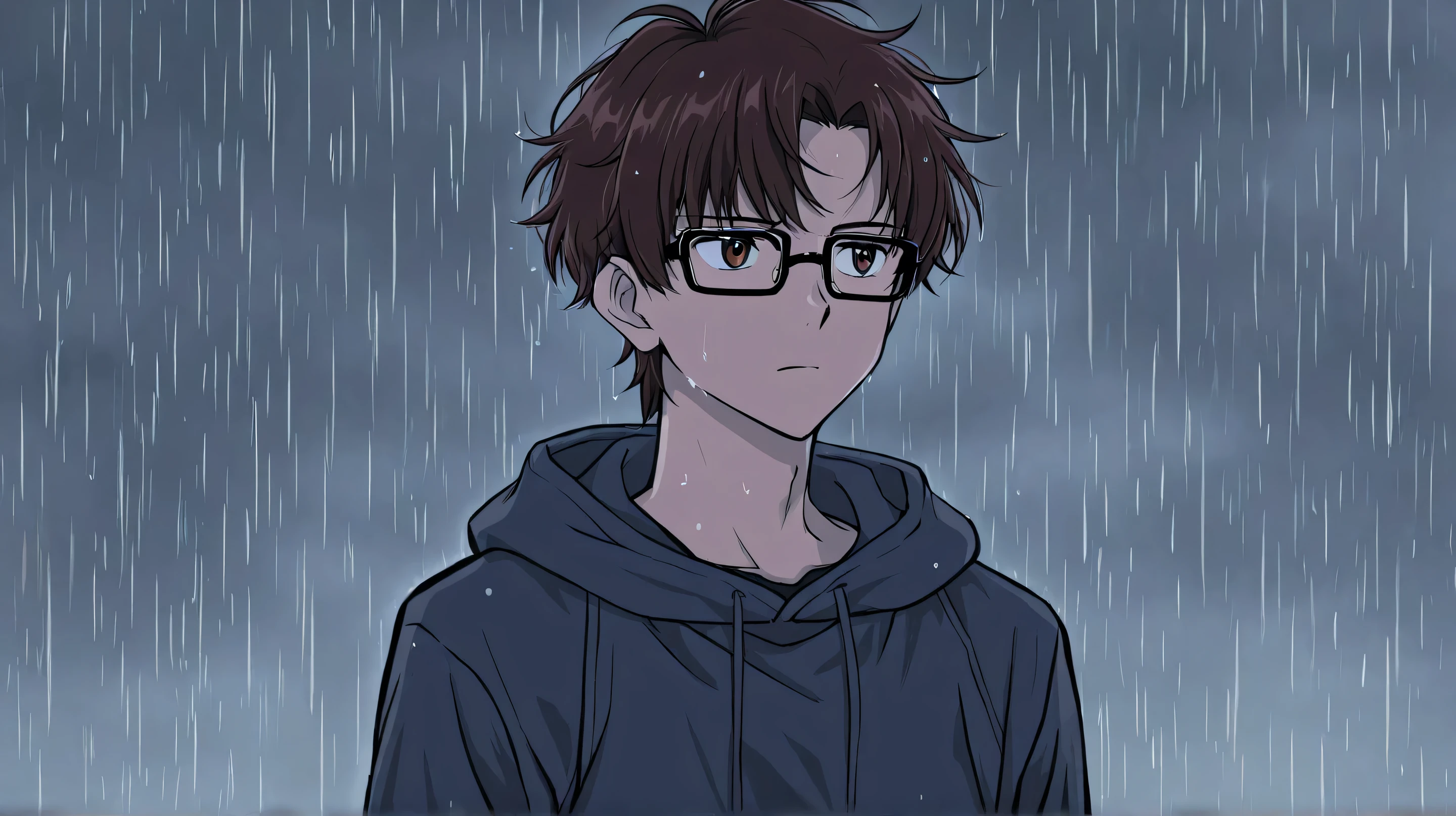 raining on it pcme pfp Anime boy staring into the distance, soft color palette with layered shadow Black Glasses Frame - Dark Basic Messy Hairstyle (Brown) Dark Blue Plain Hoodie Brown Cargo Pants Slender Da Hood Aesthetic y2k