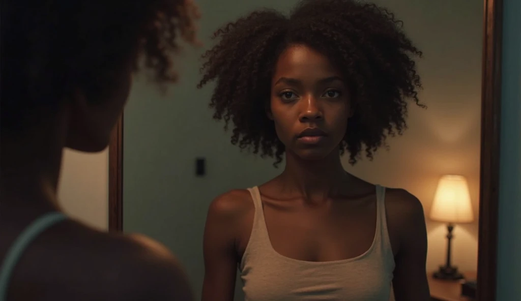 Une jeune femme noir regarde désespérément ses vergetures devant un miroir, tandis qu’un autre personnage souffre d’un coup de soleil intense.