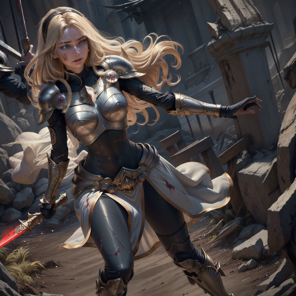 a blond woman in white armor, fighting with a sword in an african setting, detailed face and eyes, dramatic lighting, cinematic composition, fantasy art style, digital painting, (best quality,4k,8k,highres,masterpiece:1.2),ultra-detailed,(realistic,photorealistic,photo-realistic:1.37),HDR,UHD,studio lighting,ultra-fine painting,sharp focus,physically-based rendering,extreme detail description,professional,vivid colors,cinematic lighting,dramatic shadows,epic battle scene