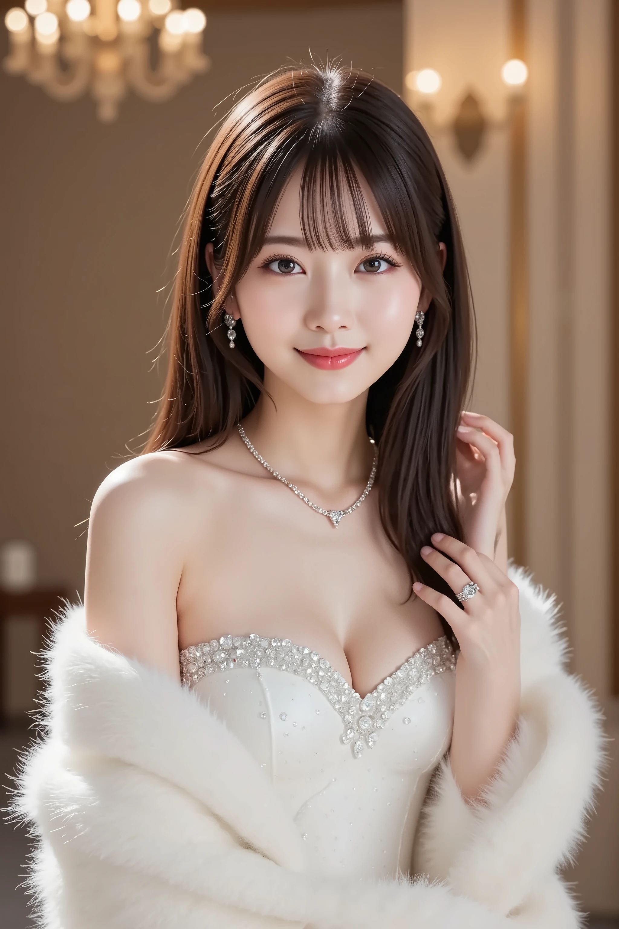 Highest quality, (beautiful)、Strap mini dress、Larger breasts、Brown Hair、looking at the camera、Sit on the sofa、Close-up、smile、pub、tiara、necklace、Earrings、Holding a glass in your hand