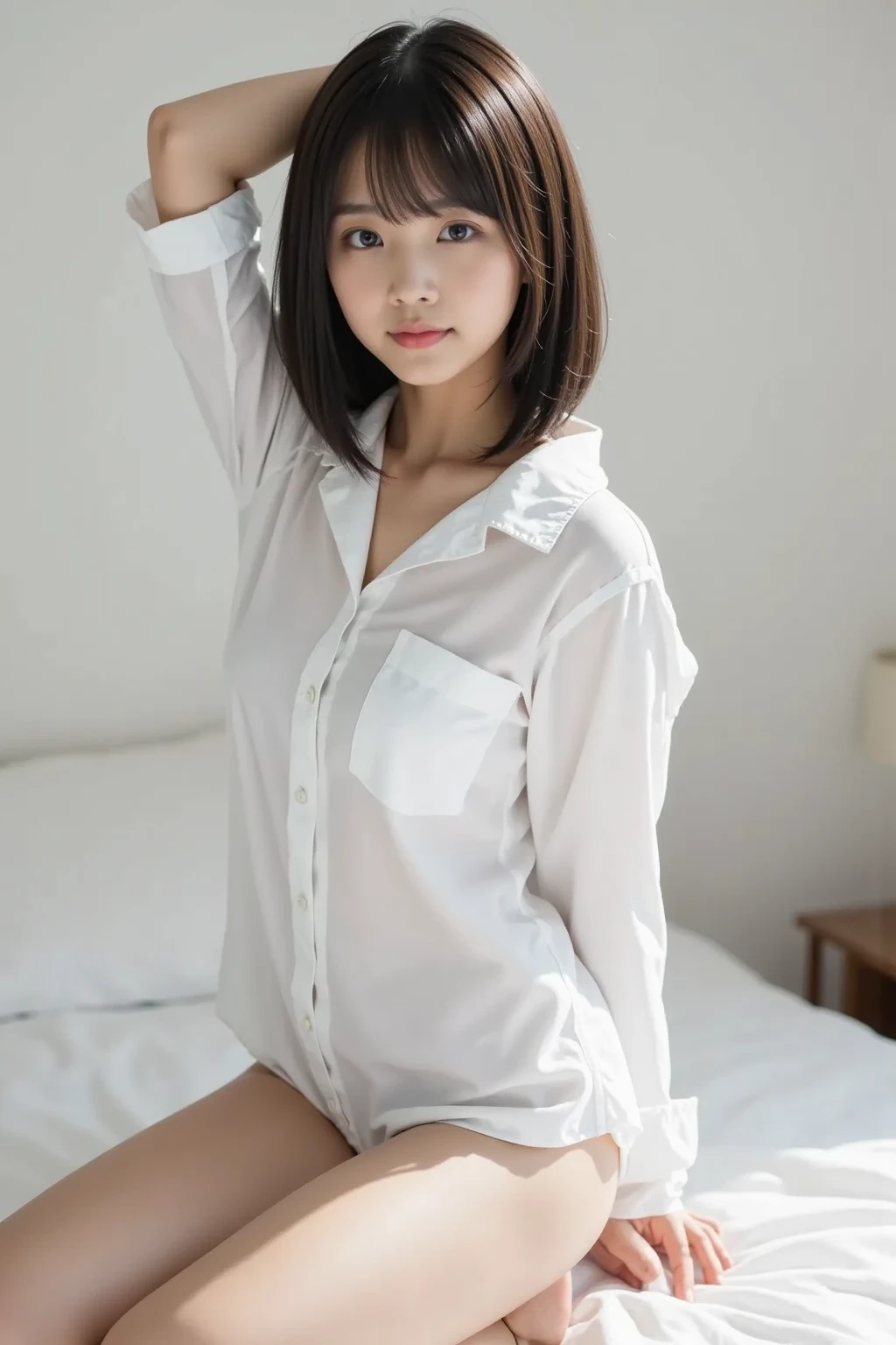 ((highest quality, 8K, masterpiece: 1.3, Raw photo)), sharp focus: 1.2, (alone), (1 aespa girl: 1.2), (realistic, realistic: 1.37), (face focus: 1.1), cute face, small breasts, flat chest, messy short hair, up style, nude, (button down white shirt, chiffon panties, thigh: 1.2), Are standing, hotel room under lamp light, cinematic lighting,
